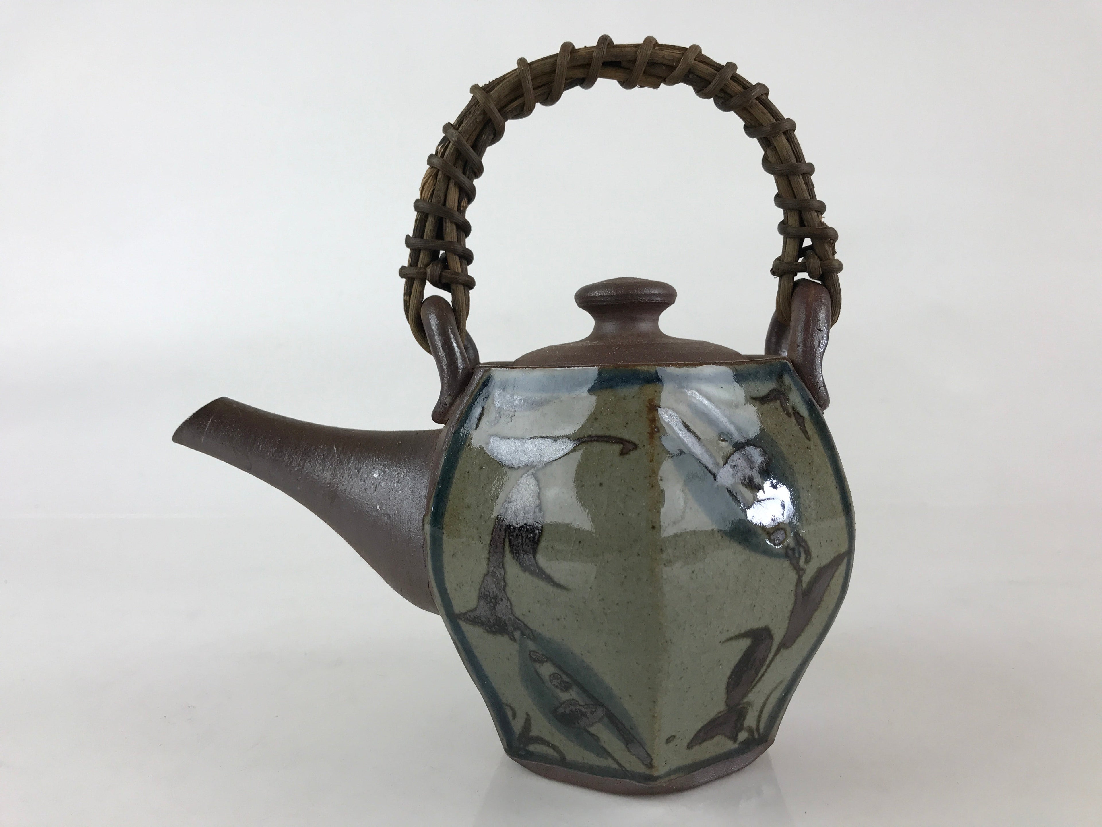 Japanese Ceramic Tokoname Ware Teapot Kyusu Vtg Brown Plant Vine Handle PY246