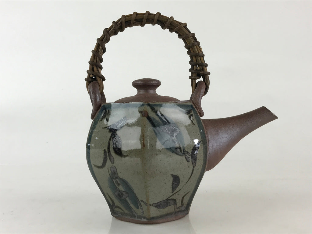 Japanese Ceramic Tokoname Ware Teapot Kyusu Vtg Brown Plant Vine Handle PY246