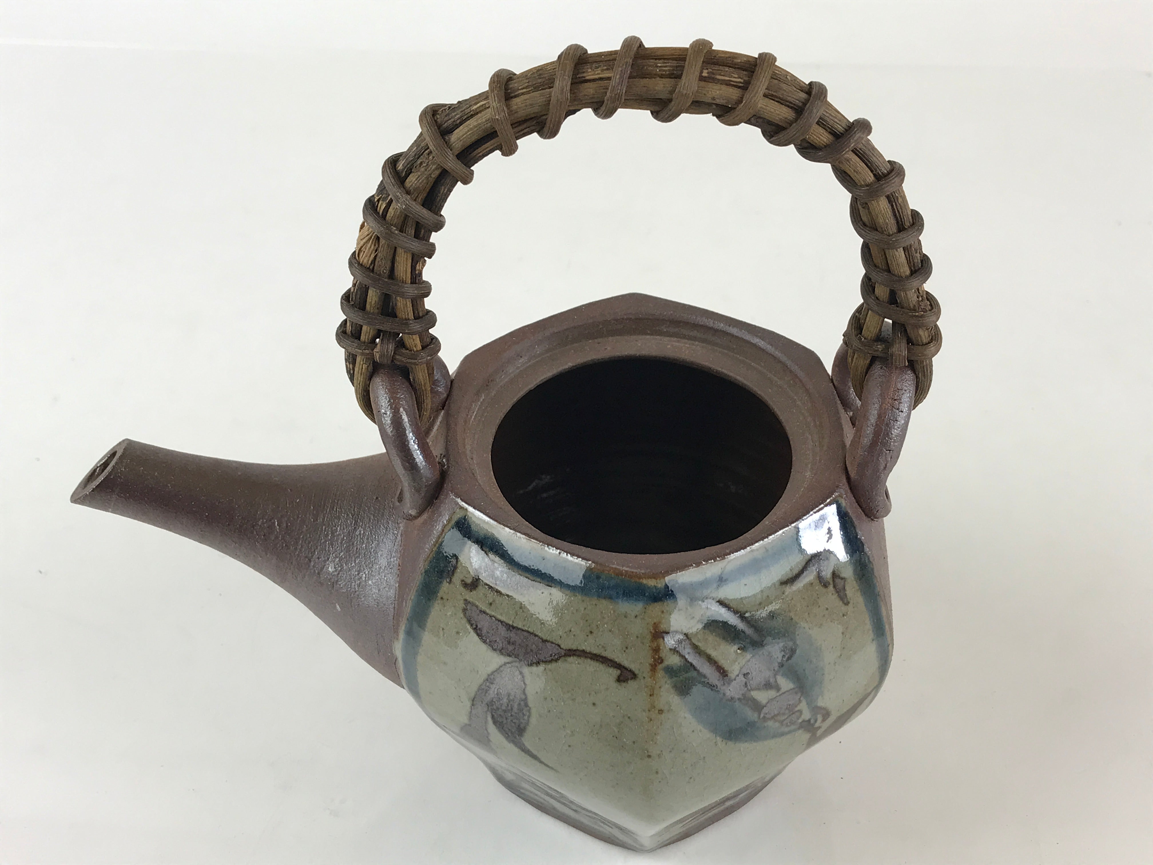 Japanese Ceramic Tokoname Ware Teapot Kyusu Vtg Brown Plant Vine Handle PY246
