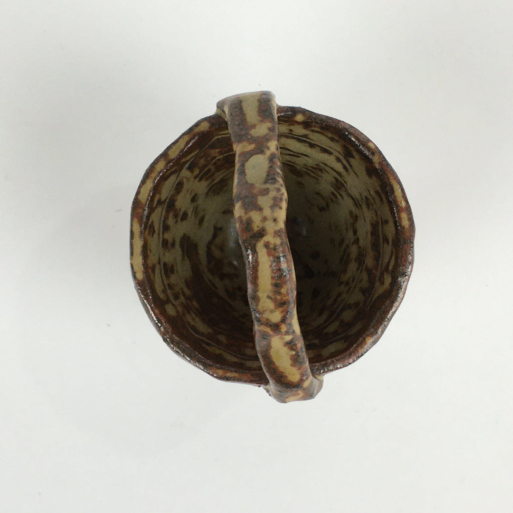 Japanese Ceramic Vtg Bucket Shaped Mini Flower Vase Handle Brown Yellow PP917