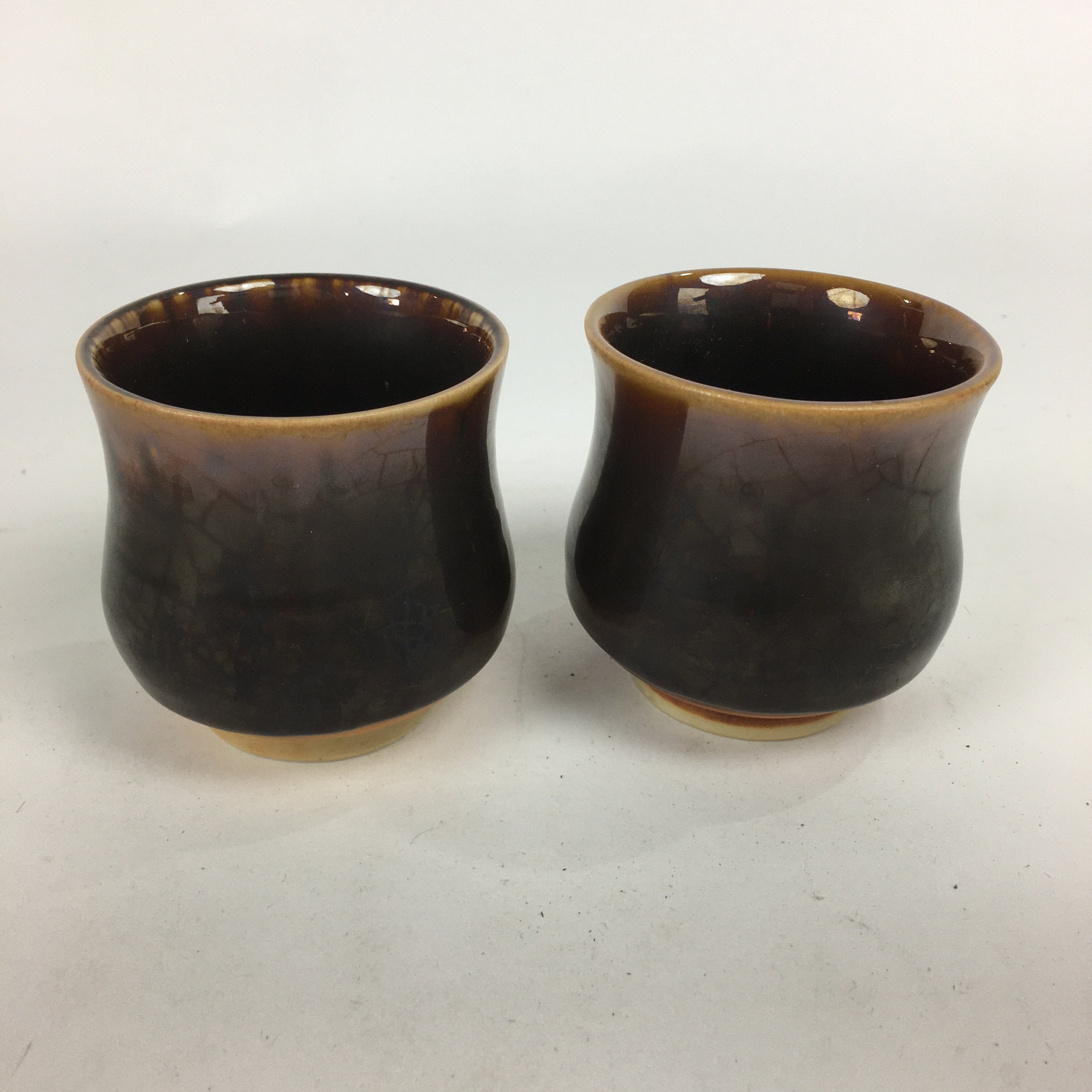 Japanese Ceramic Yoron Kiln Teacup 2pc Set Vtg Pottery Yunomi Box Brown PX567