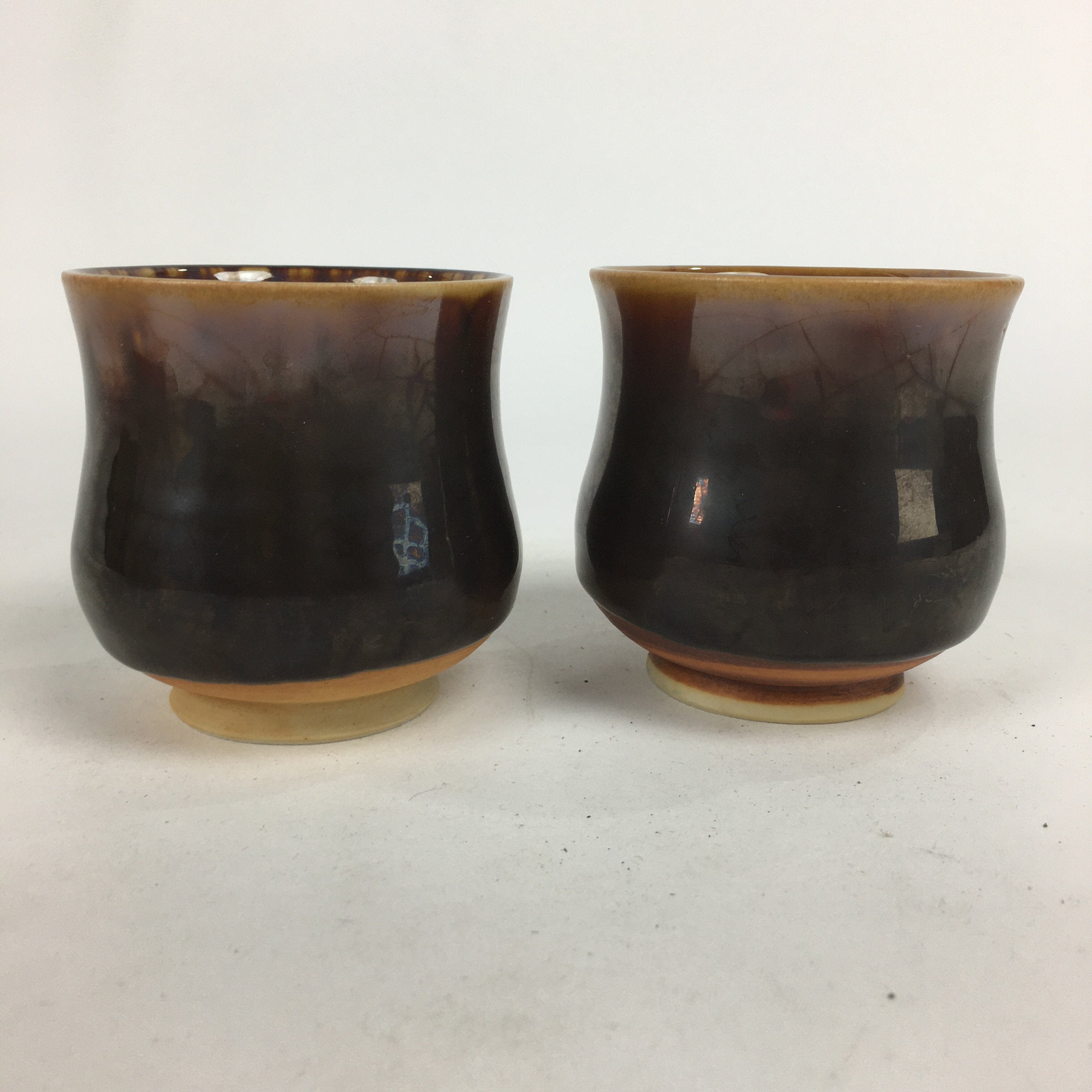 Japanese Ceramic Yoron Kiln Teacup 2pc Set Vtg Pottery Yunomi Box Brown PX567