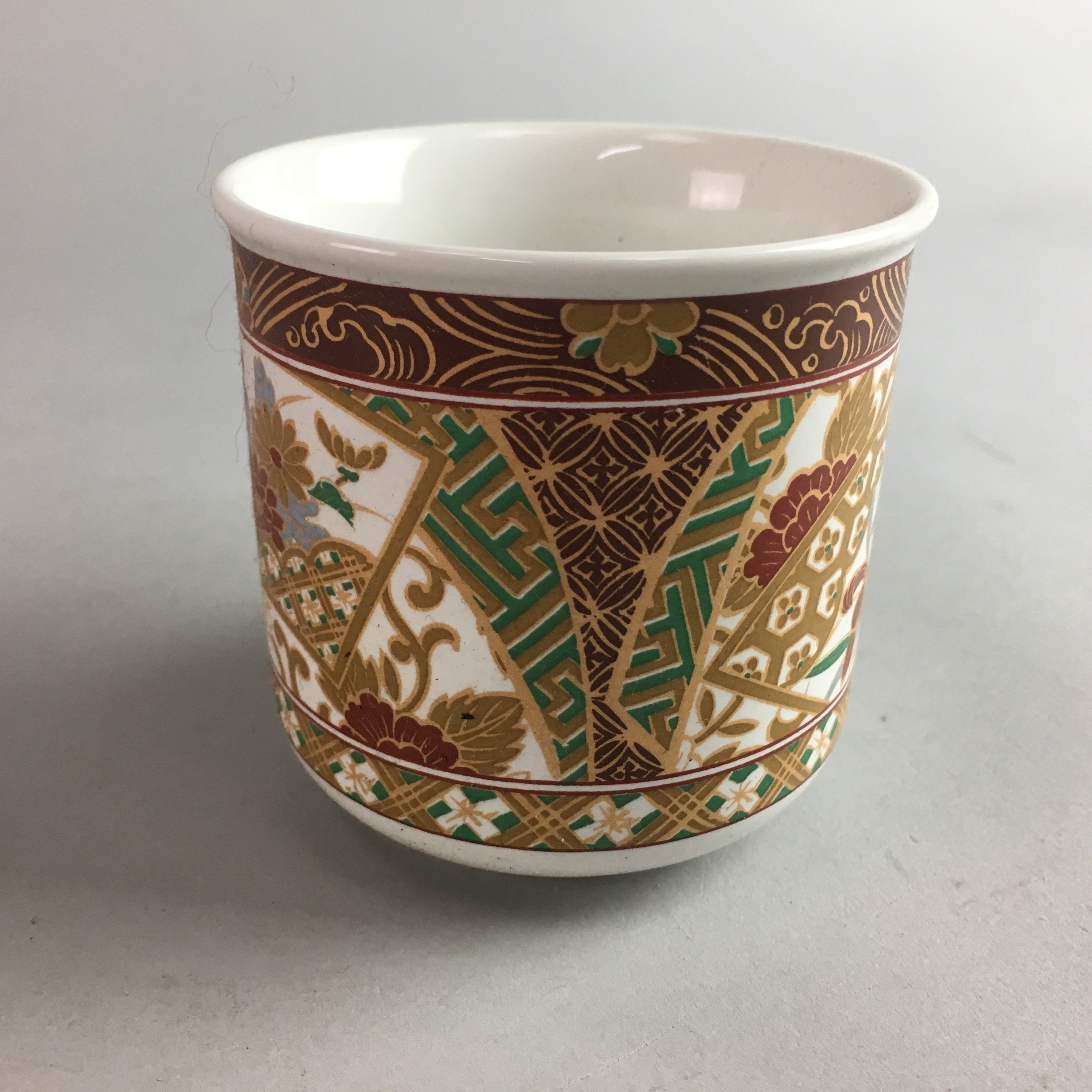 Japanese Ceramic Yunomi Mug Vtg Teacup Pottery Red Gold Akae Flower Handle PT225