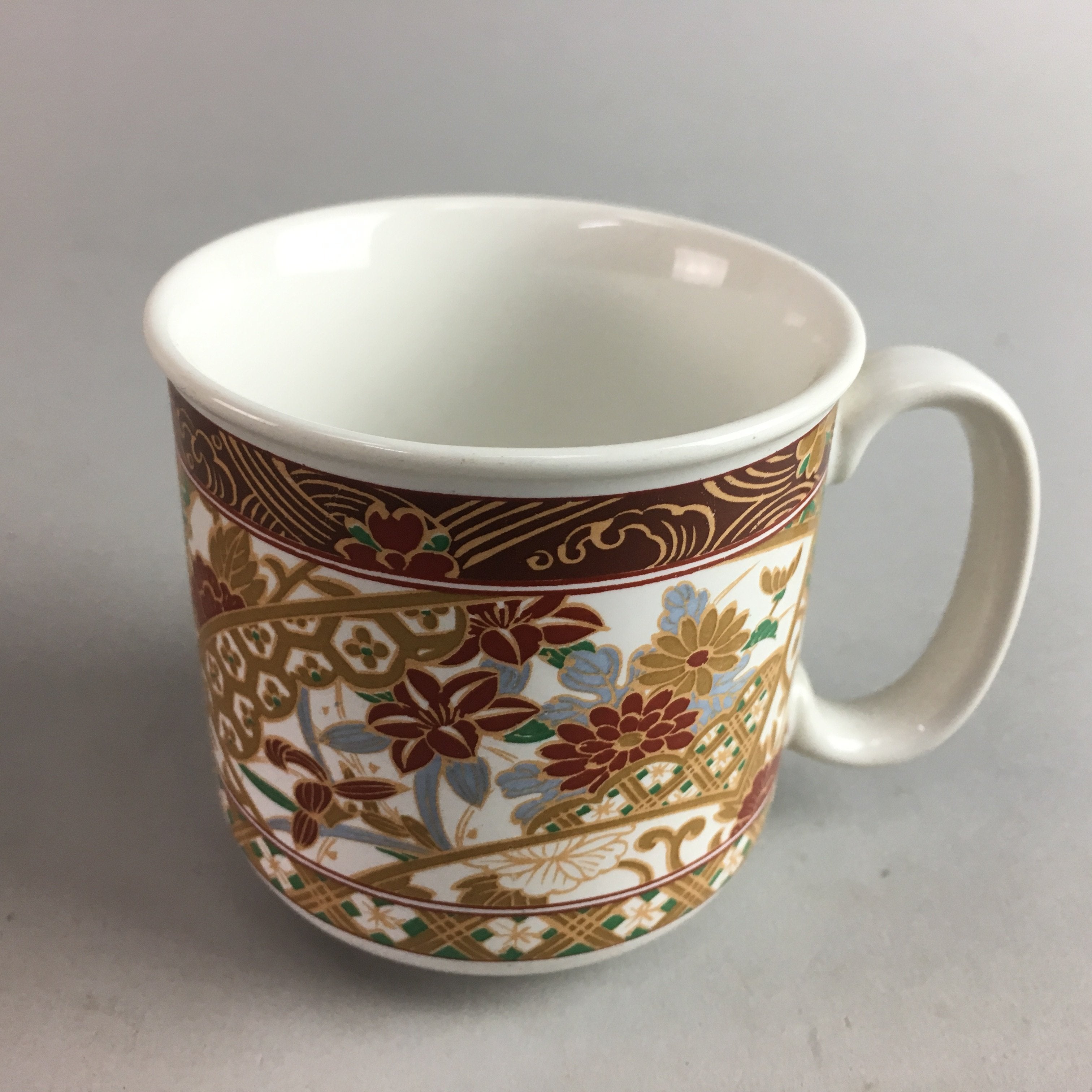 Japanese Ceramic Yunomi Mug Vtg Teacup Pottery Red Gold Akae Flower Handle PT225