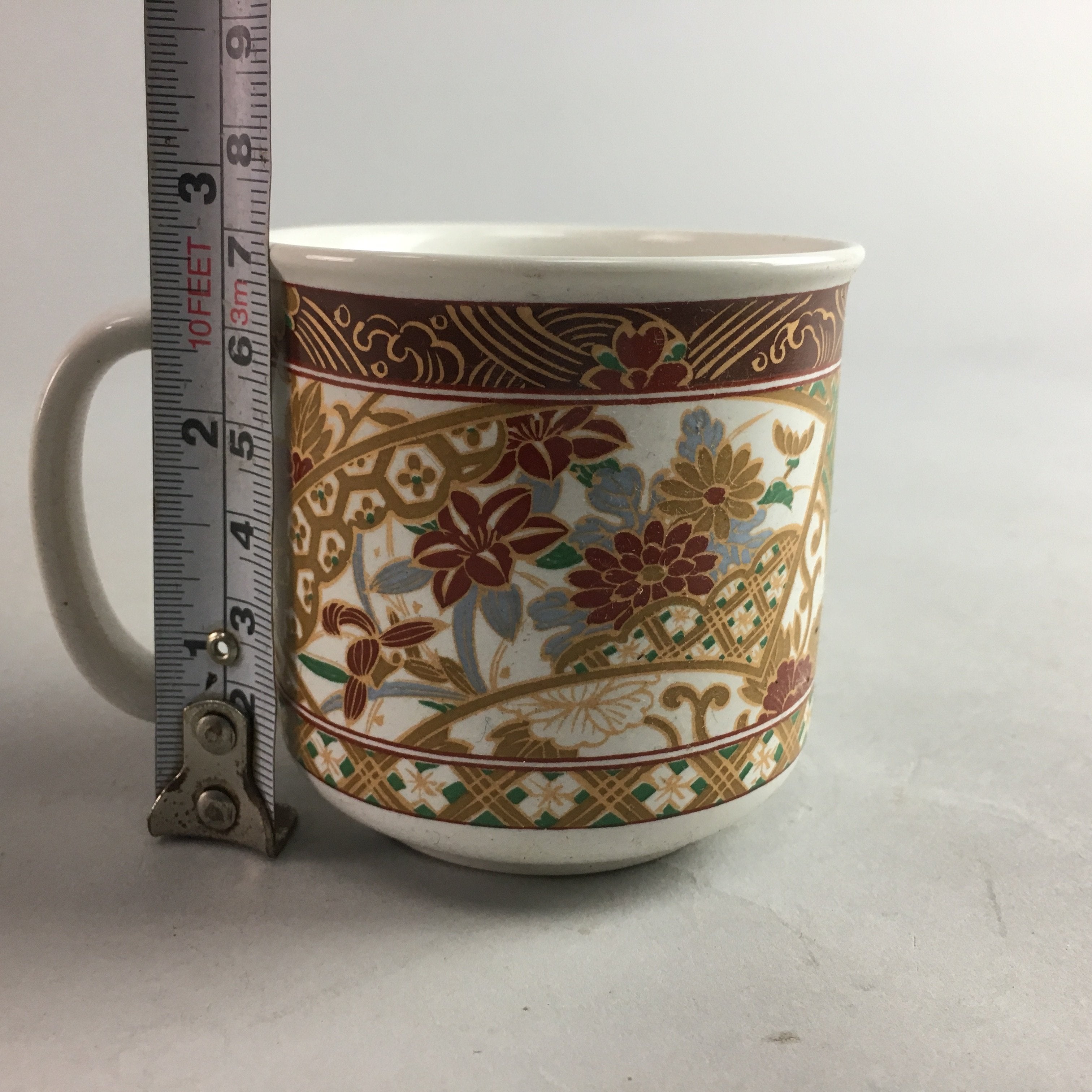 Japanese Ceramic Yunomi Mug Vtg Teacup Pottery Red Gold Akae Flower Handle PT225
