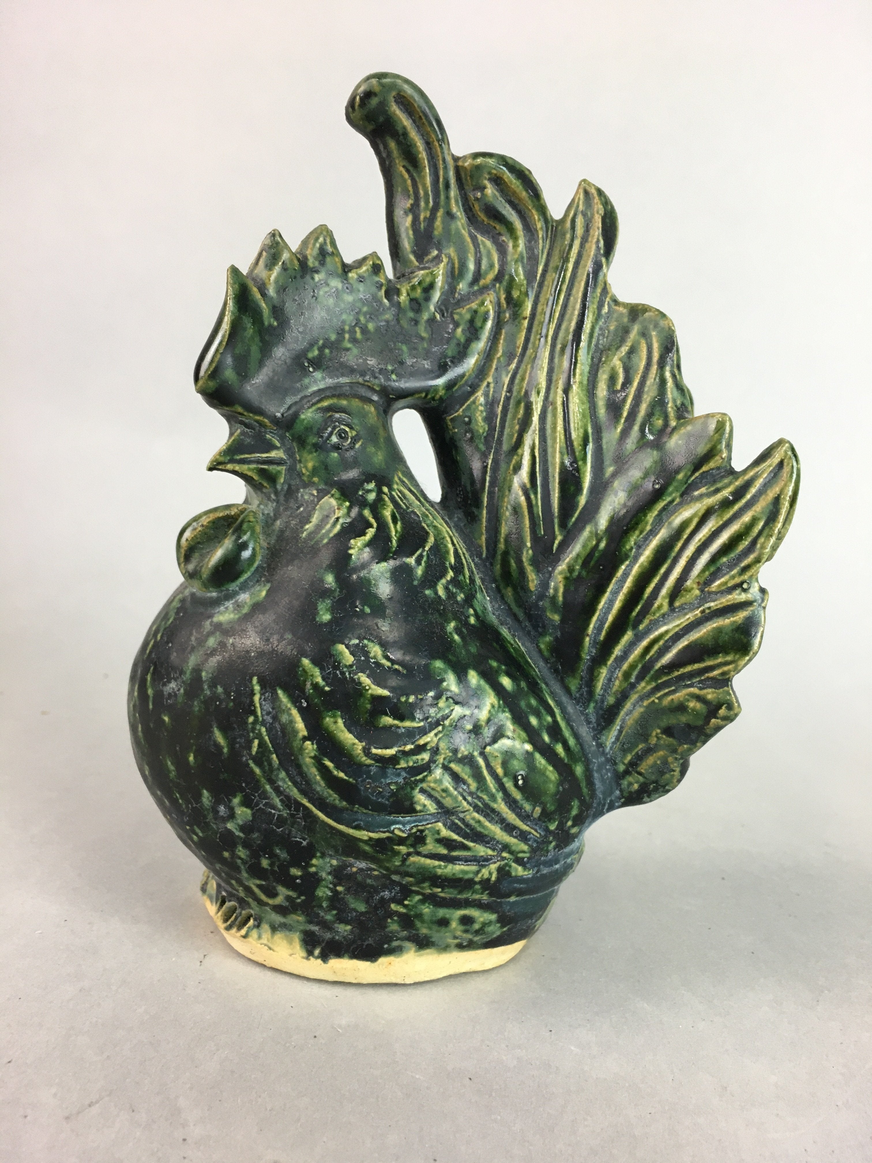 Japanese Ceramic Zodiac Chicken Statue Vtg Pottery Green Okimono BD527