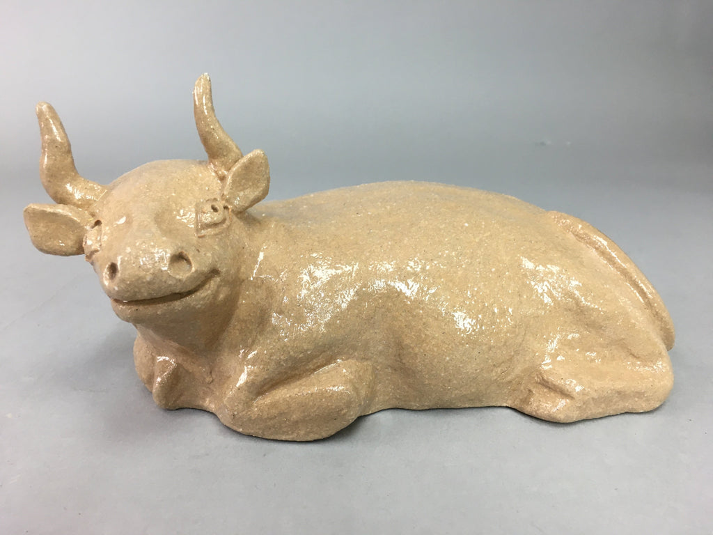 Japanese Ceramic Zodiac Cow Statue Vtg Pottery Brown Box Okimono PX371