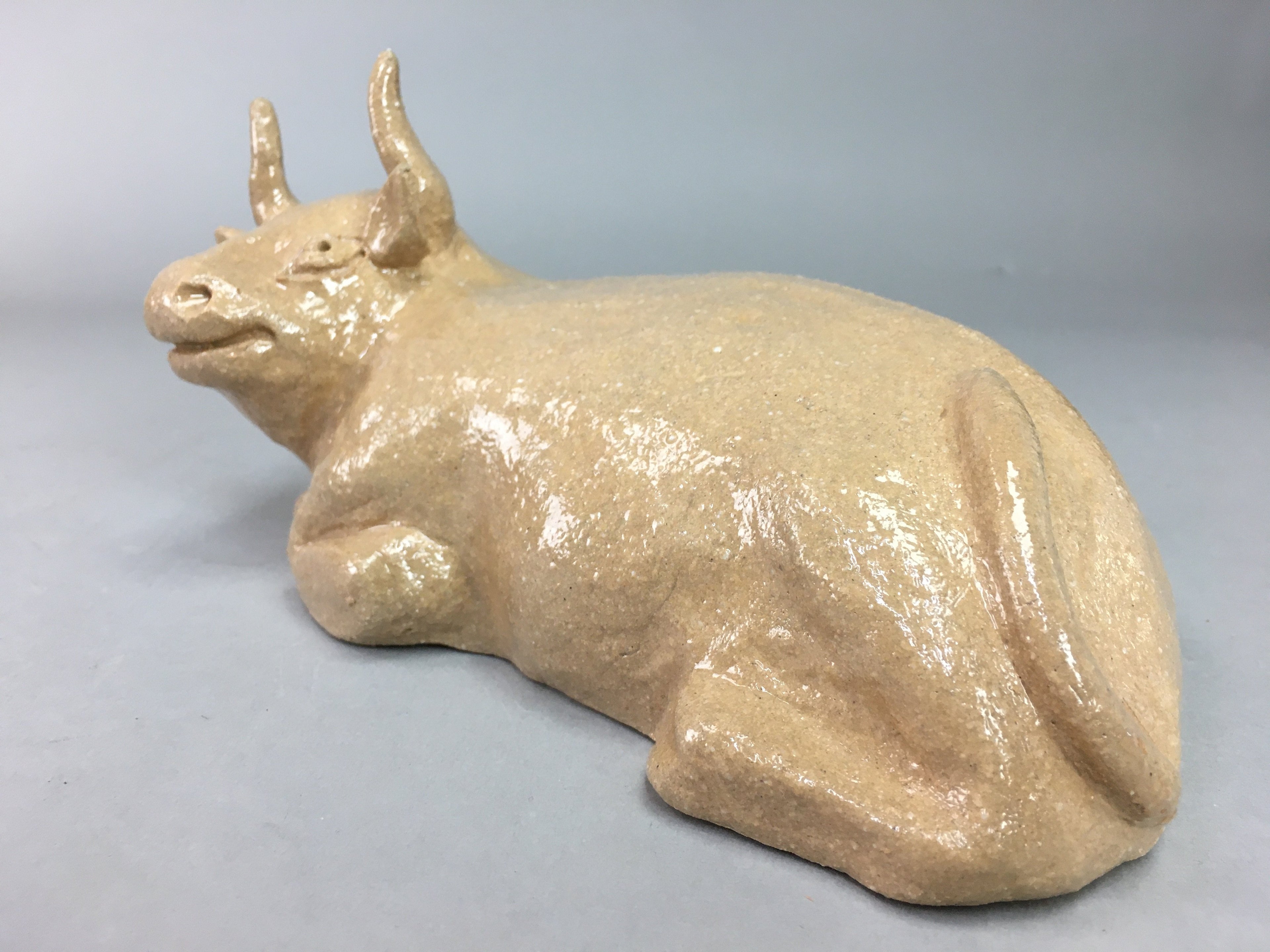 Japanese Ceramic Zodiac Cow Statue Vtg Pottery Brown Box Okimono PX371