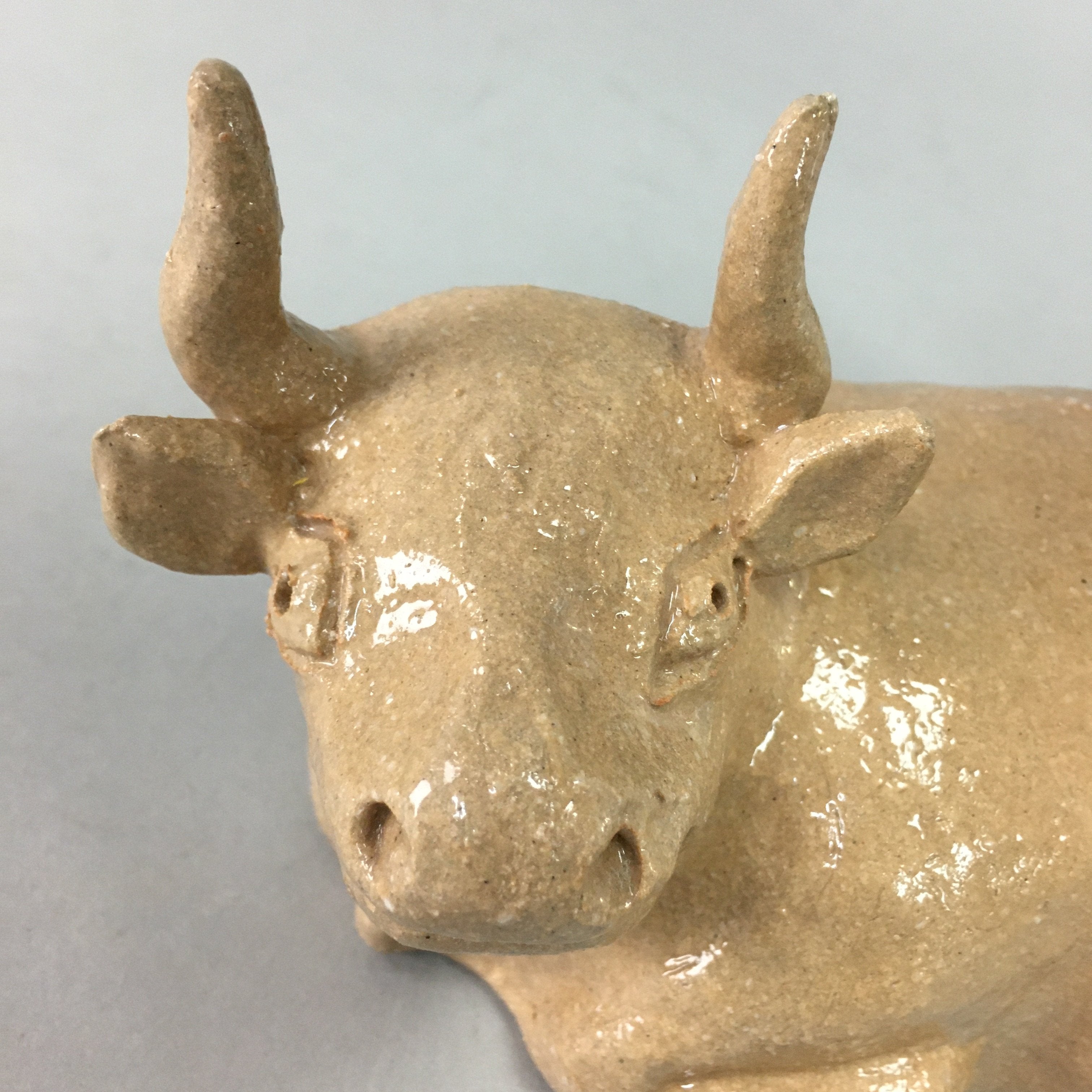 Japanese Ceramic Zodiac Cow Statue Vtg Pottery Brown Box Okimono PX371