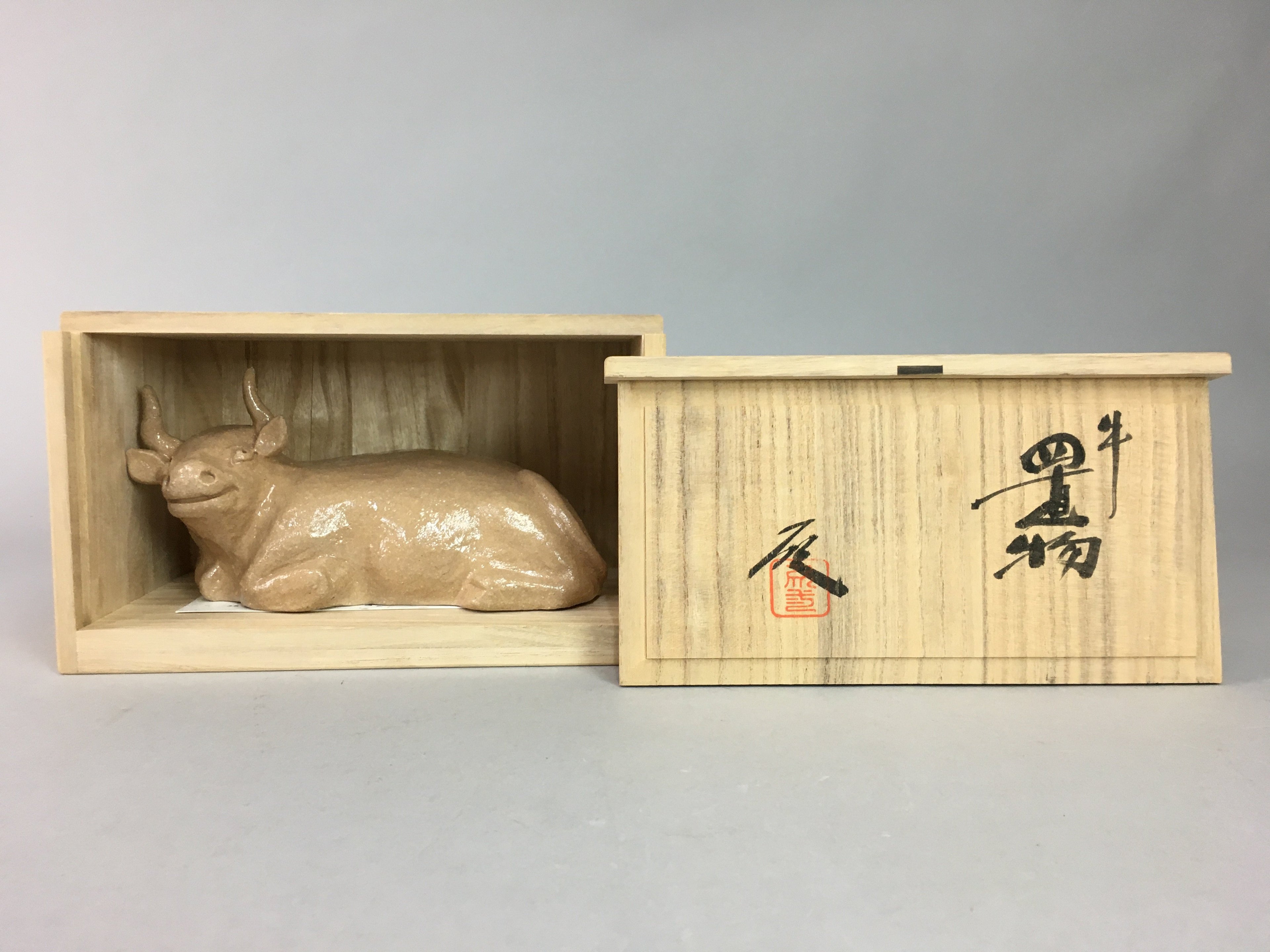 Japanese Ceramic Zodiac Cow Statue Vtg Pottery Brown Box Okimono PX371