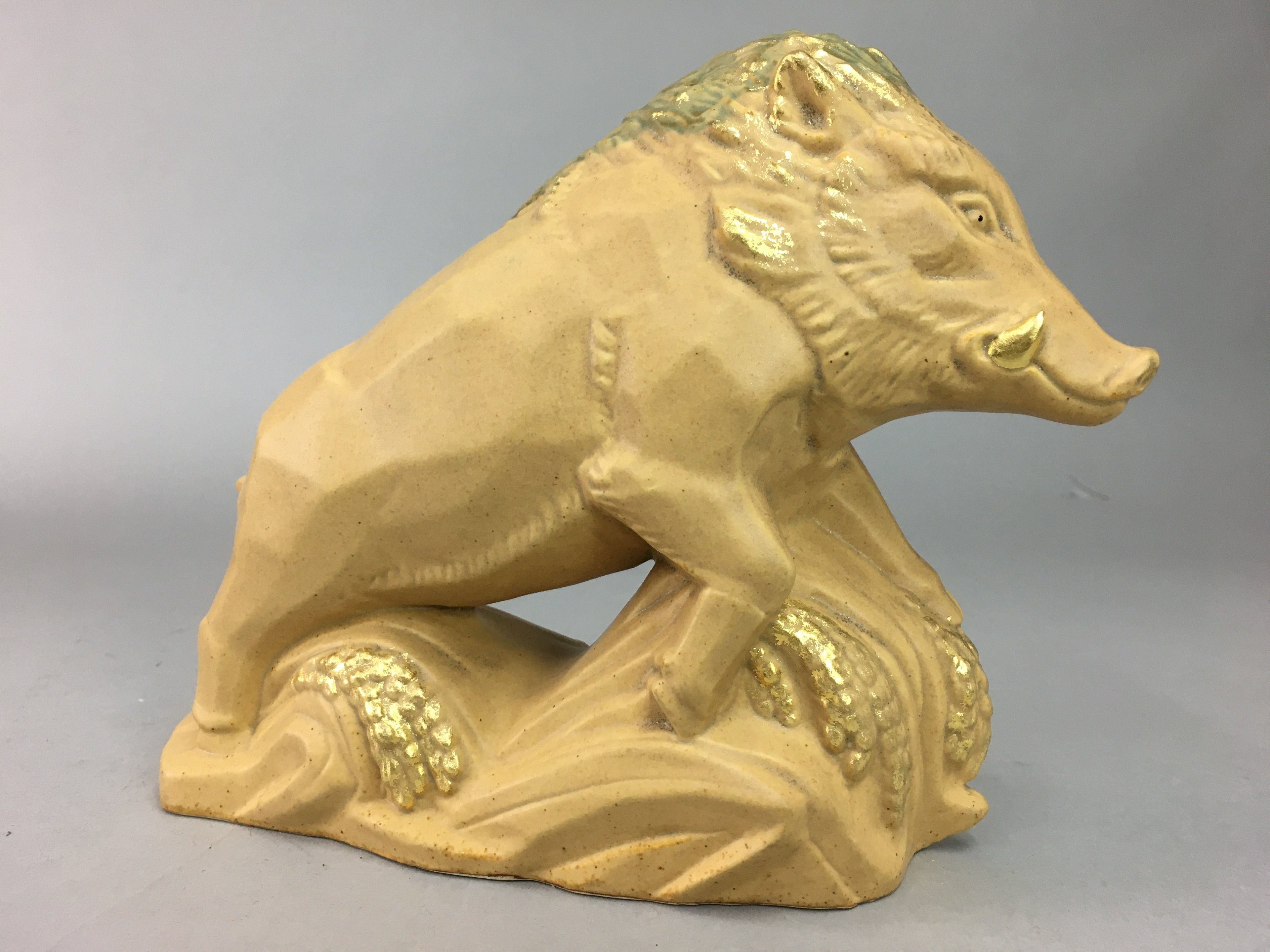 Japanese Ceramic Zodiac Wild Boar Statue Vtg Pottery Brown Box Okimono PX376