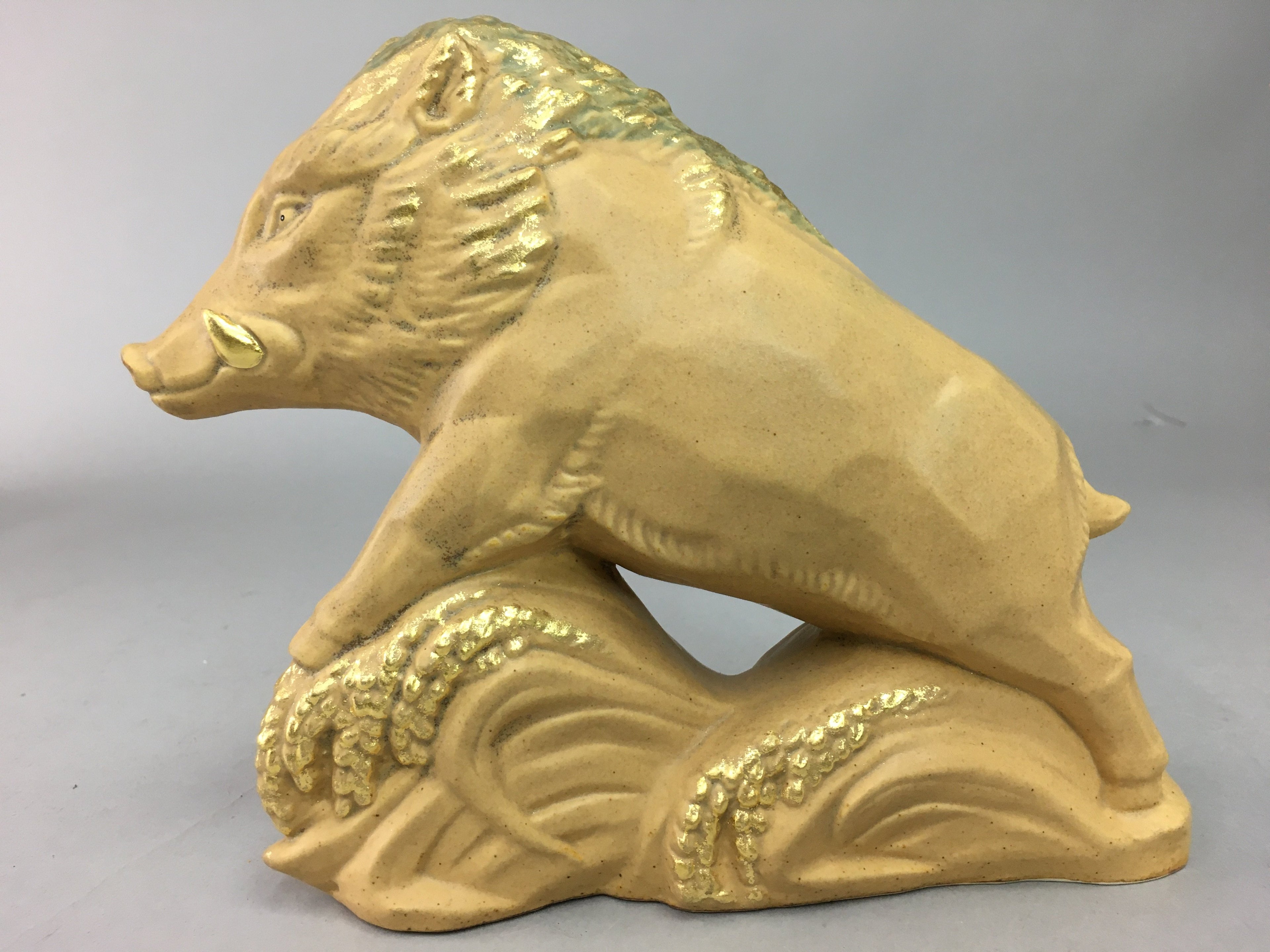 Japanese Ceramic Zodiac Wild Boar Statue Vtg Pottery Brown Box Okimono PX376