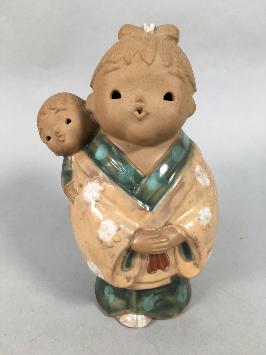 Japanese Ceramic kids Statue Vtg Kimono Girl Baby Babysitting Brown BD599