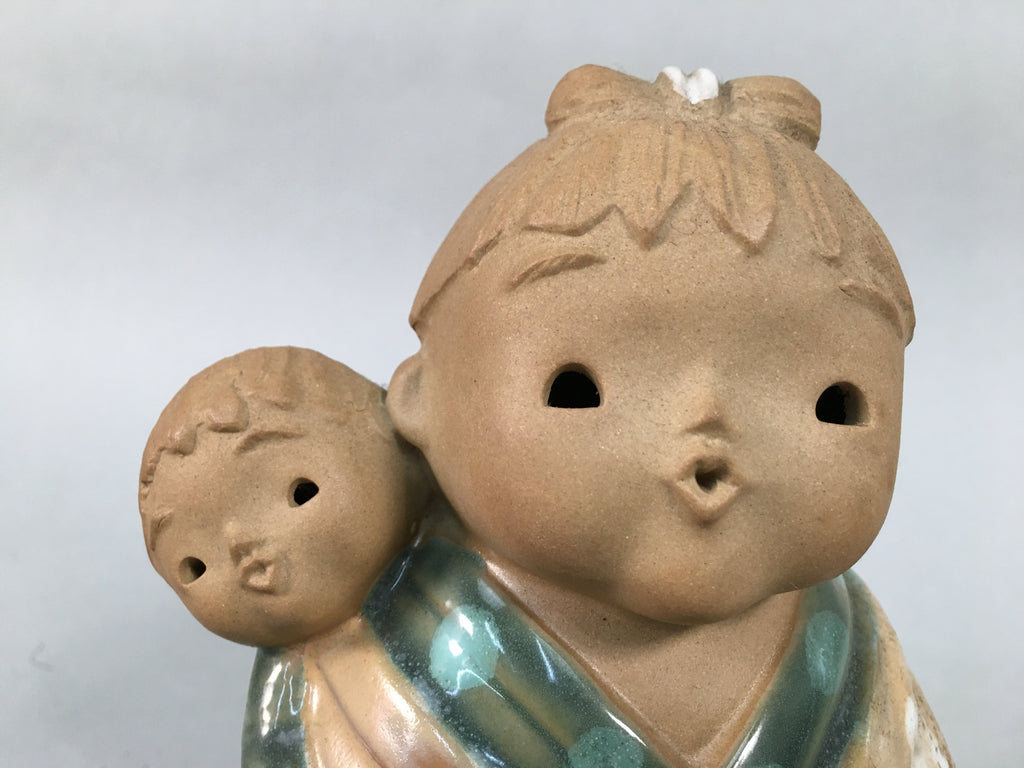 Japanese Ceramic kids Statue Vtg Kimono Girl Baby Babysitting Brown BD599