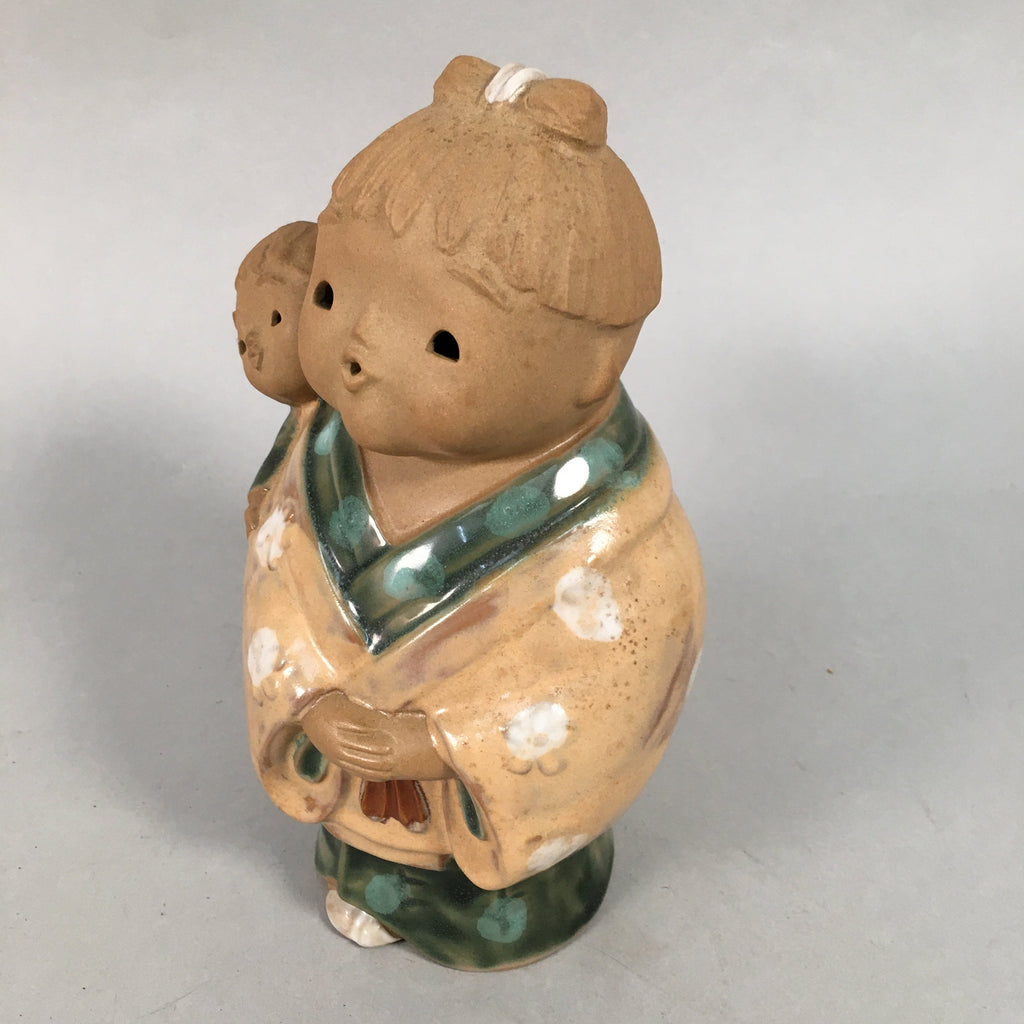 Japanese Ceramic kids Statue Vtg Kimono Girl Baby Babysitting Brown BD599