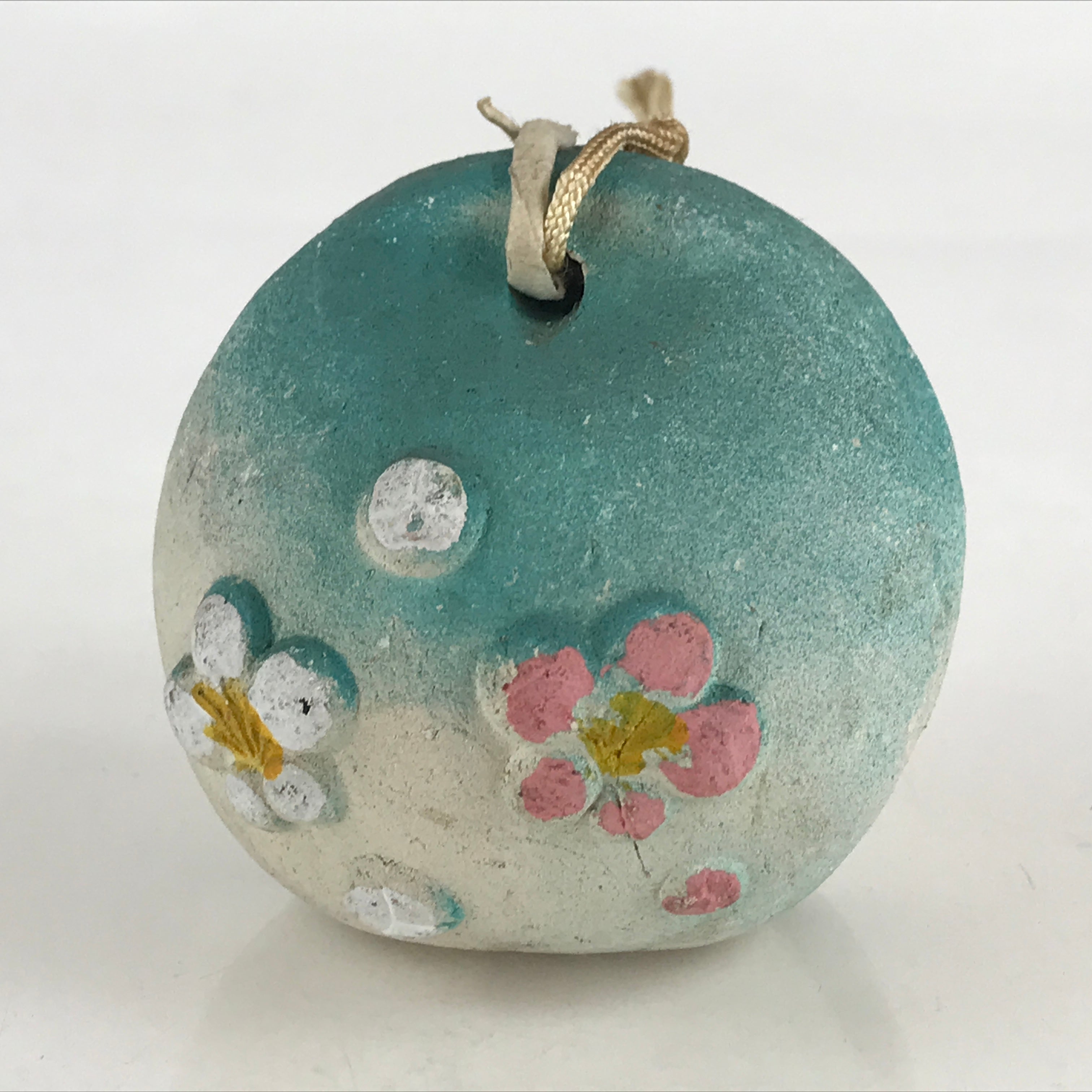 Japanese Clay Bell Dorei Tsuchi-Suzu Atami Baien Plum Garden Vtg Amulet Blue DR4