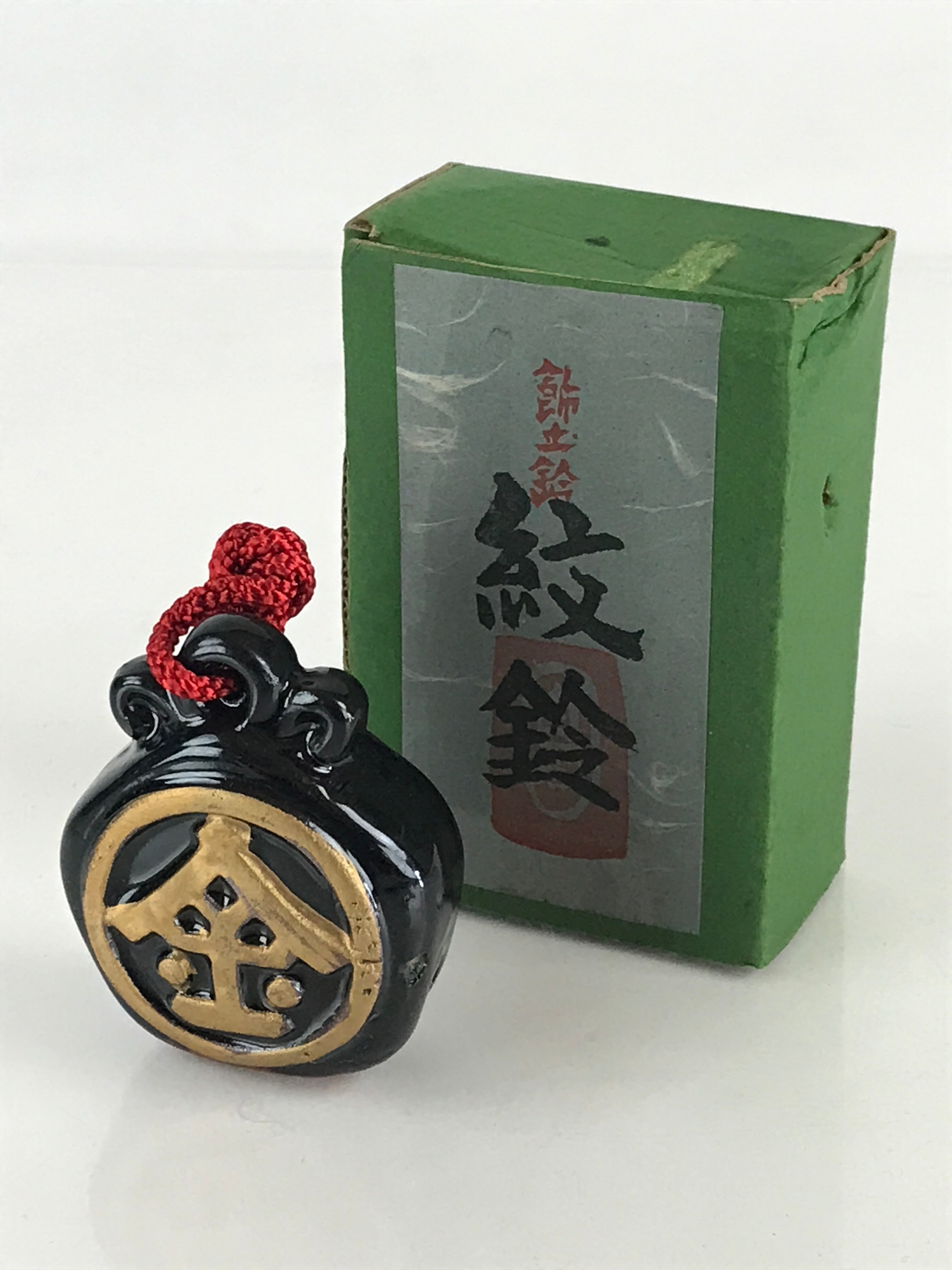 Japanese Clay Bell Dorei Tsuchi-Suzu Ceramic Doll Crest Gold Monrin Amulet DR425