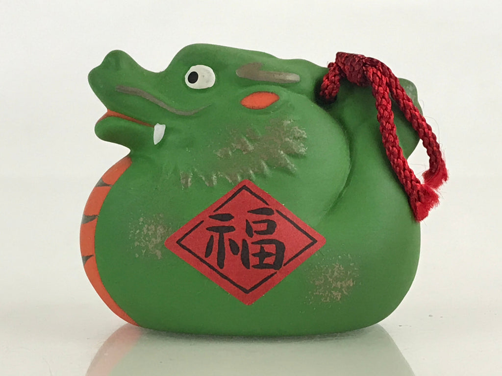 Japanese Clay Bell Dorei Tsuchi-Suzu Ceramic Doll Zodiac Green Dragon Amulet DR4