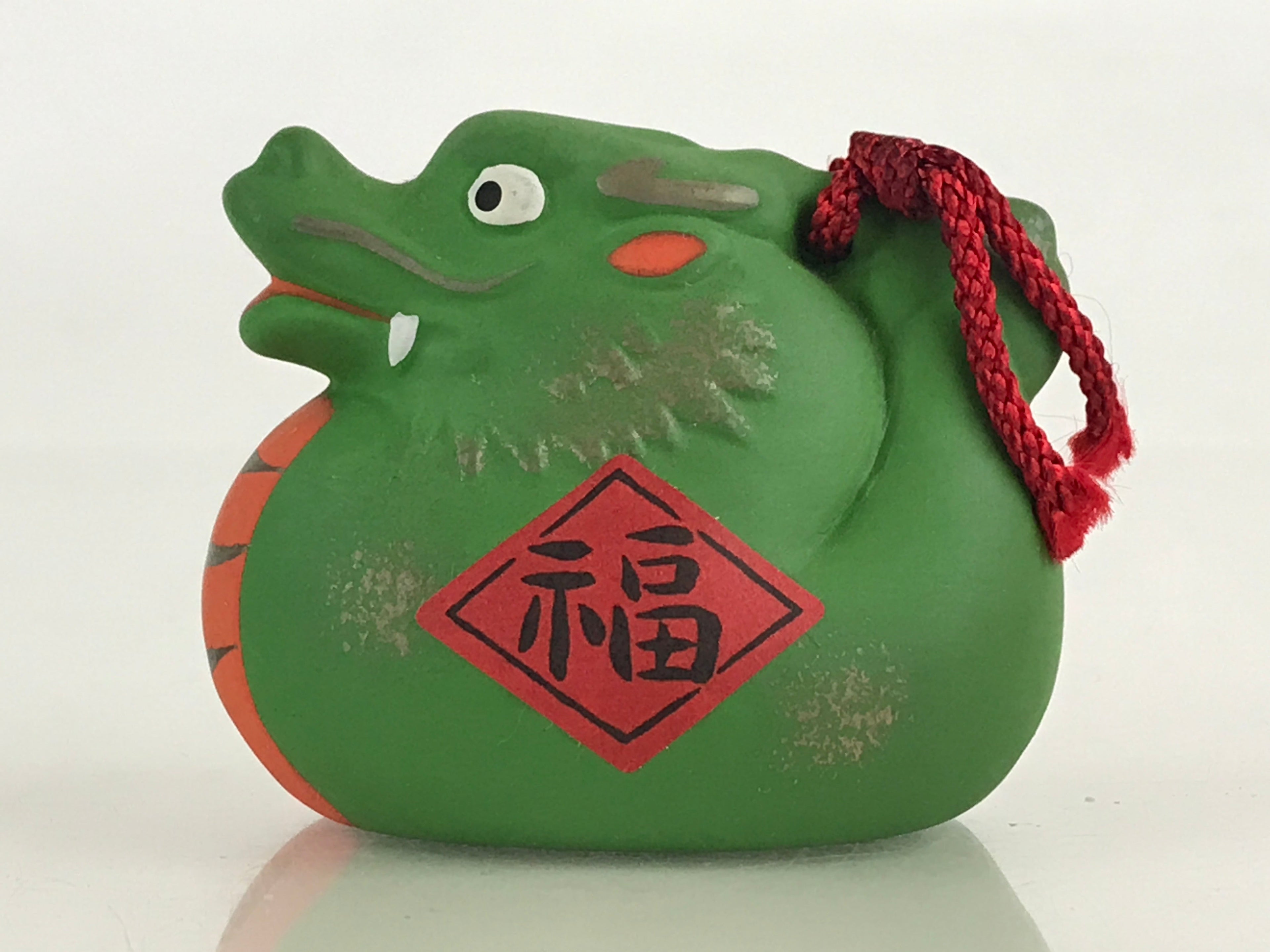 Japanese Clay Bell Dorei Tsuchi-Suzu Ceramic Doll Zodiac Green Dragon Amulet DR4