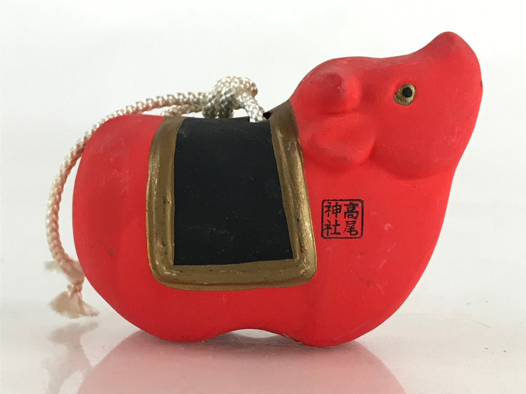 Japanese Clay Bell Dorei Tsuchi-Suzu Ceramic Doll Zodiac Symbol Red Cow Amulet D