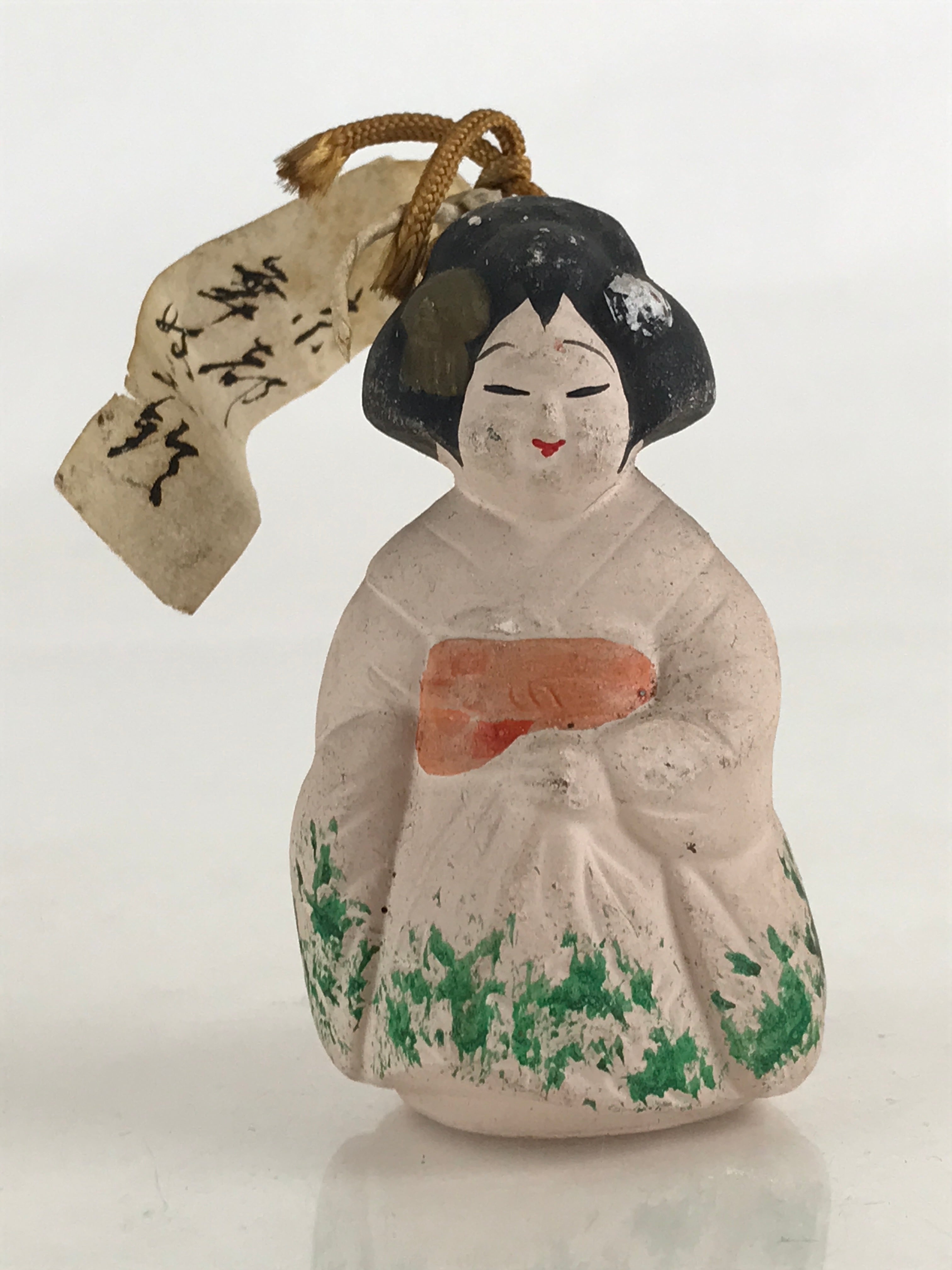 Japanese Clay Bell Dorei Tsuchi-Suzu Ceramic Geisha Kimono Girl Doll Vtg Amulet