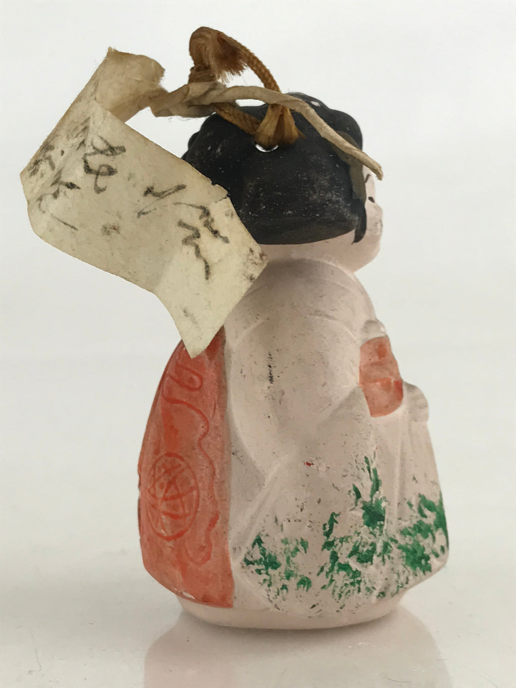 Japanese Clay Bell Dorei Tsuchi-Suzu Ceramic Geisha Kimono Girl Doll Vtg Amulet
