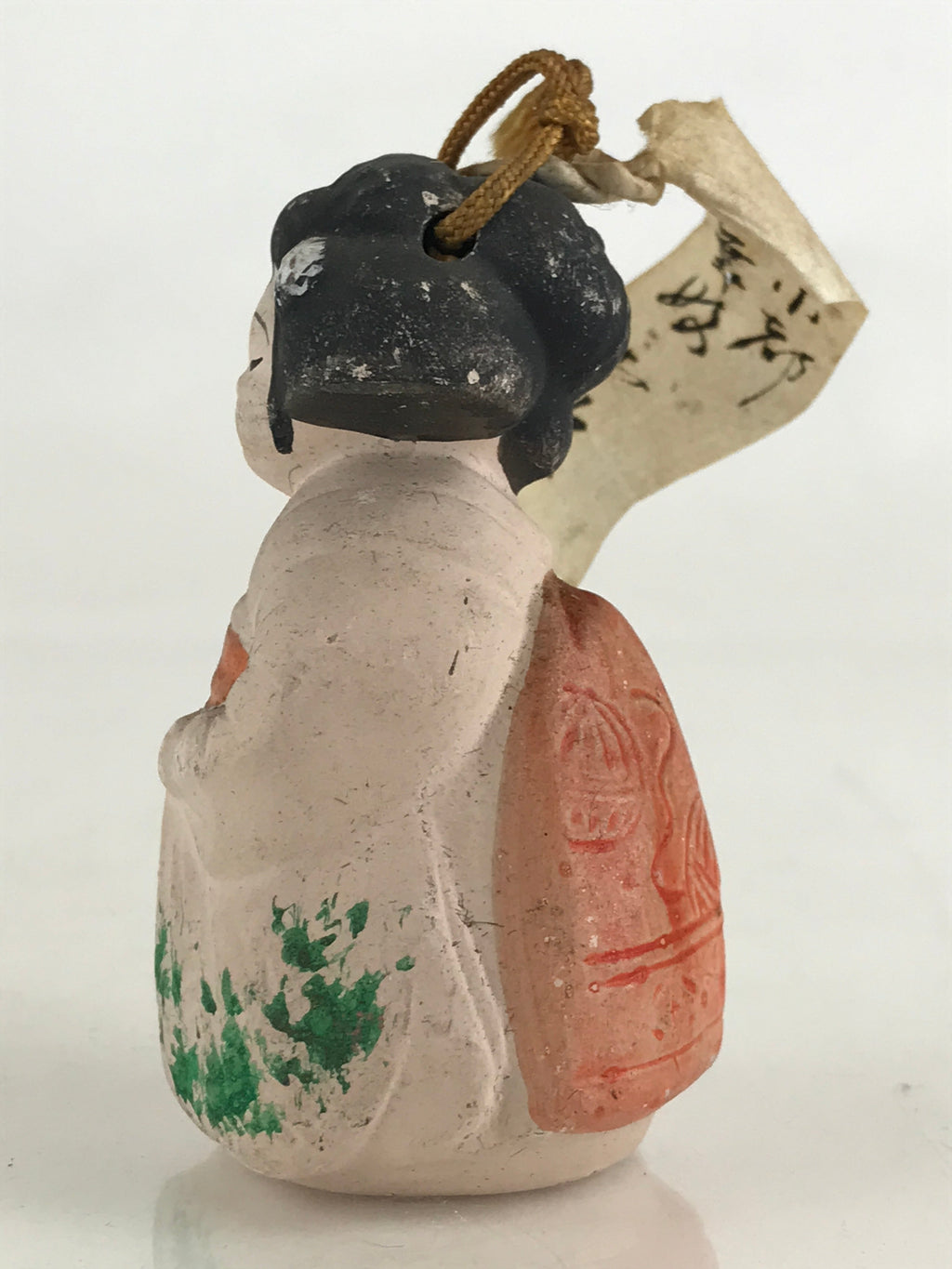 Japanese Clay Bell Dorei Tsuchi-Suzu Ceramic Geisha Kimono Girl Doll Vtg Amulet