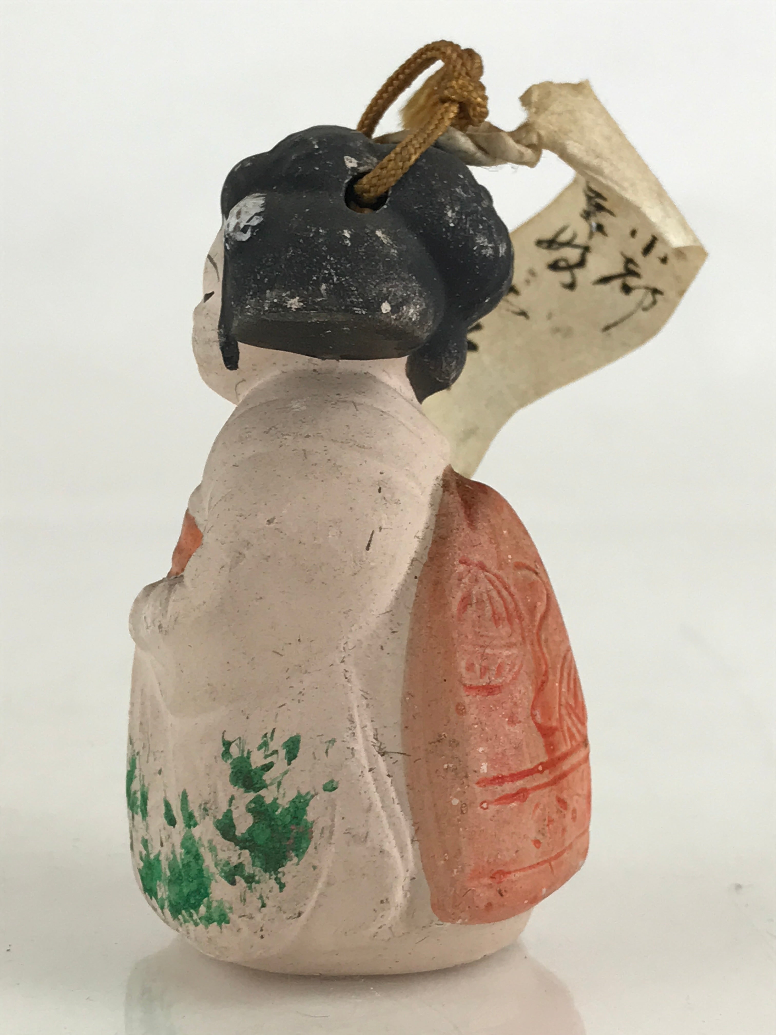 Japanese Clay Bell Dorei Tsuchi-Suzu Ceramic Geisha Kimono Girl Doll Vtg Amulet
