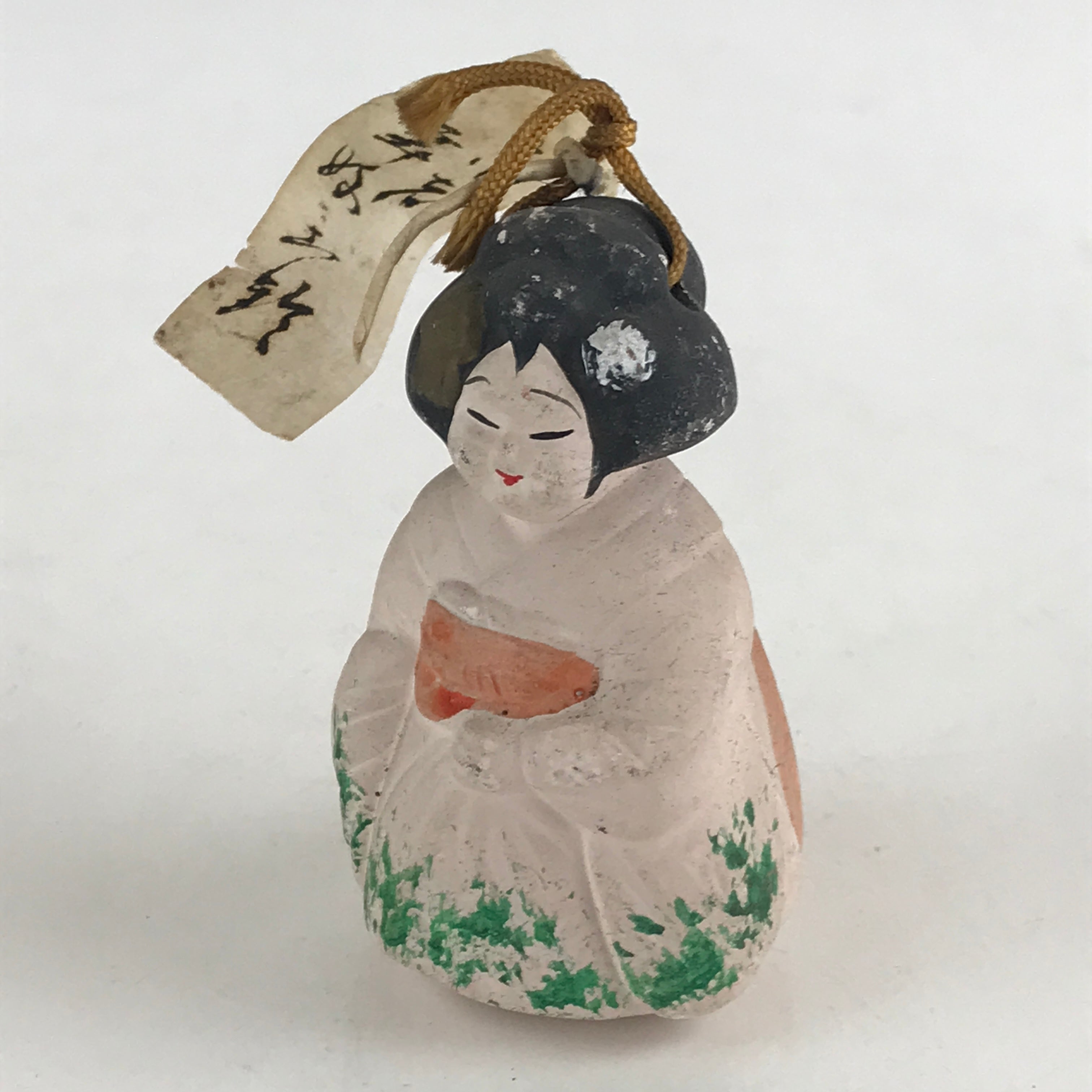 Japanese Clay Bell Dorei Tsuchi-Suzu Ceramic Geisha Kimono Girl Doll Vtg Amulet