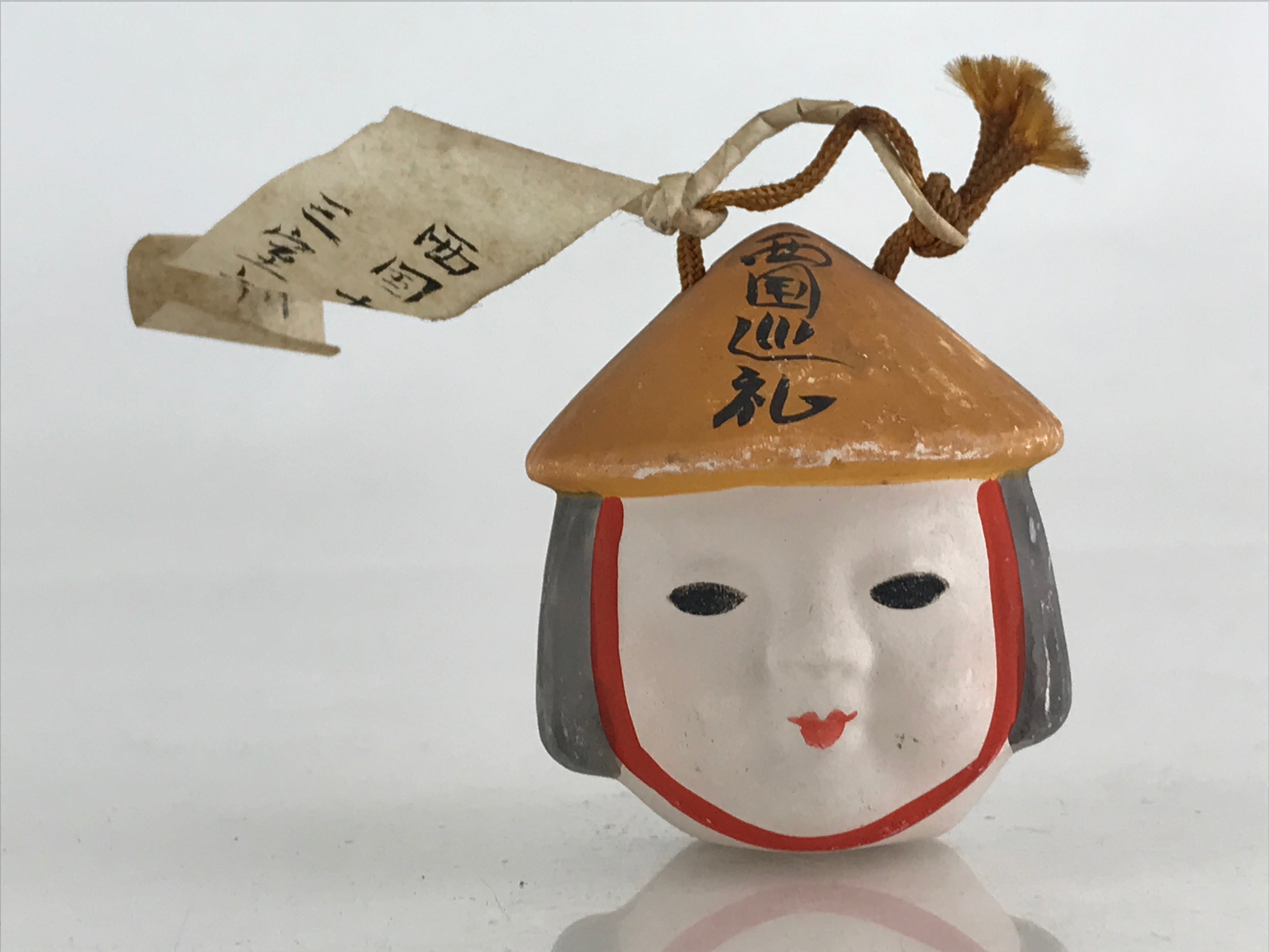 Japanese Clay Bell Dorei Tsuchi-Suzu Vtg Face Saigoku Pilgrimage Ceramic Amulet DR454