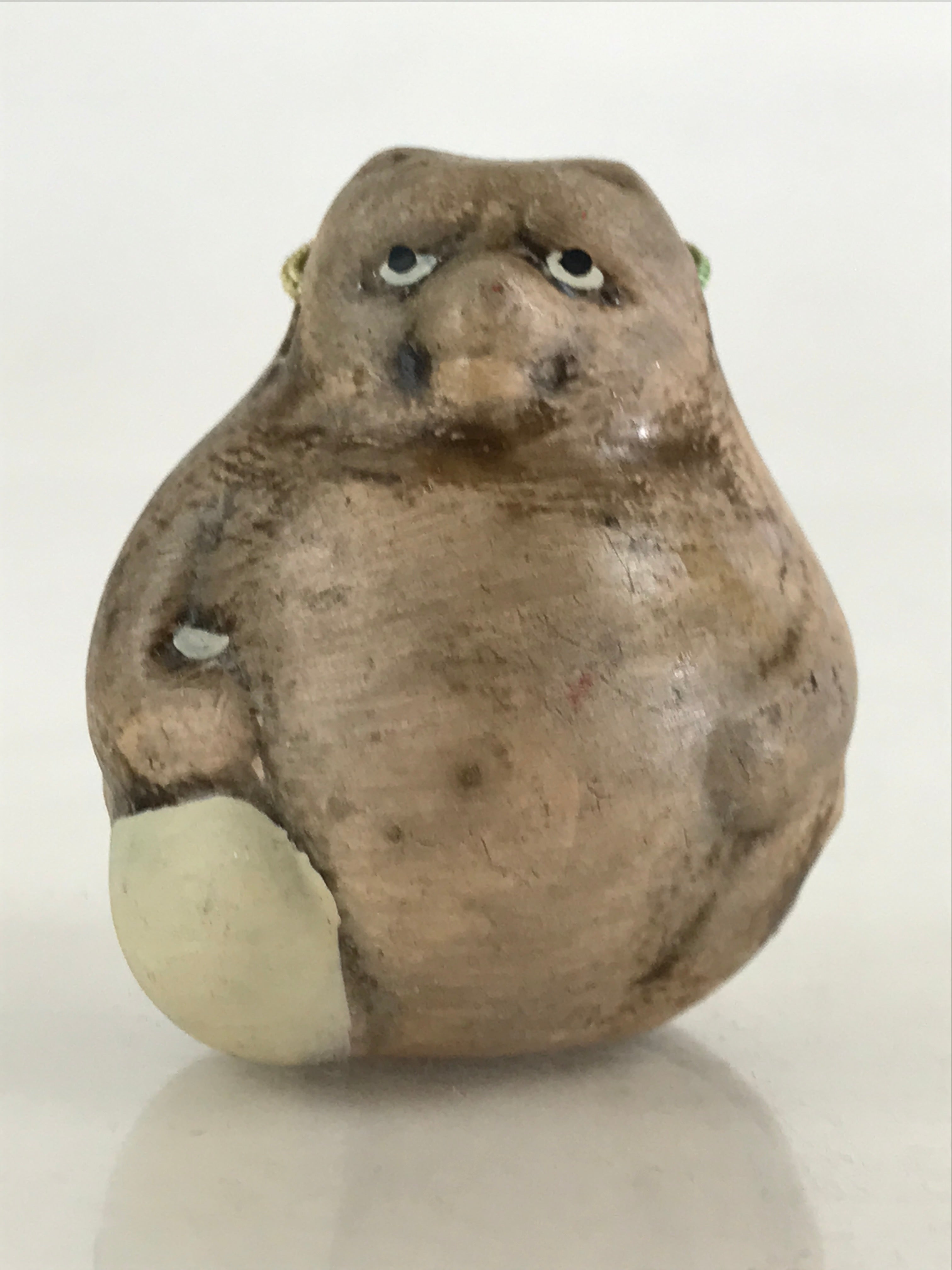 Japanese Clay Bell Dorei Tsuchi-Suzu Vtg Raccoon Tanuki Sake Ceramic Amulet DR45