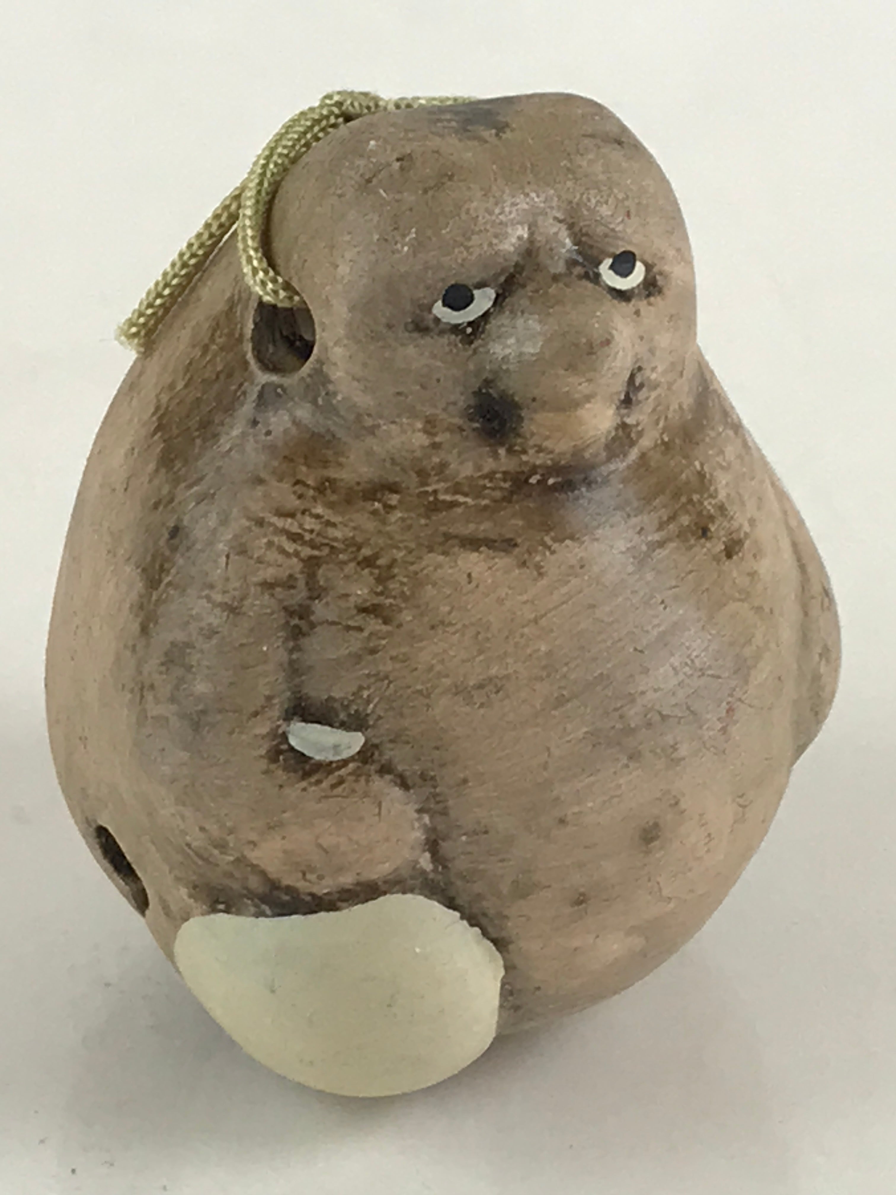 Japanese Clay Bell Dorei Tsuchi-Suzu Vtg Raccoon Tanuki Sake Ceramic Amulet DR45