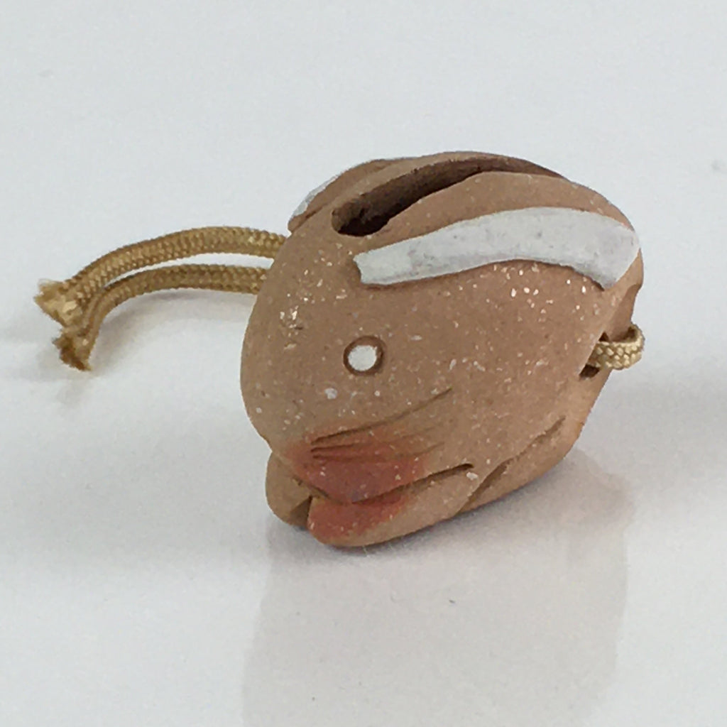 Japanese Clay Bell Dorei Vtg Ceramic Doll Amulet Brown Rabbit DR416