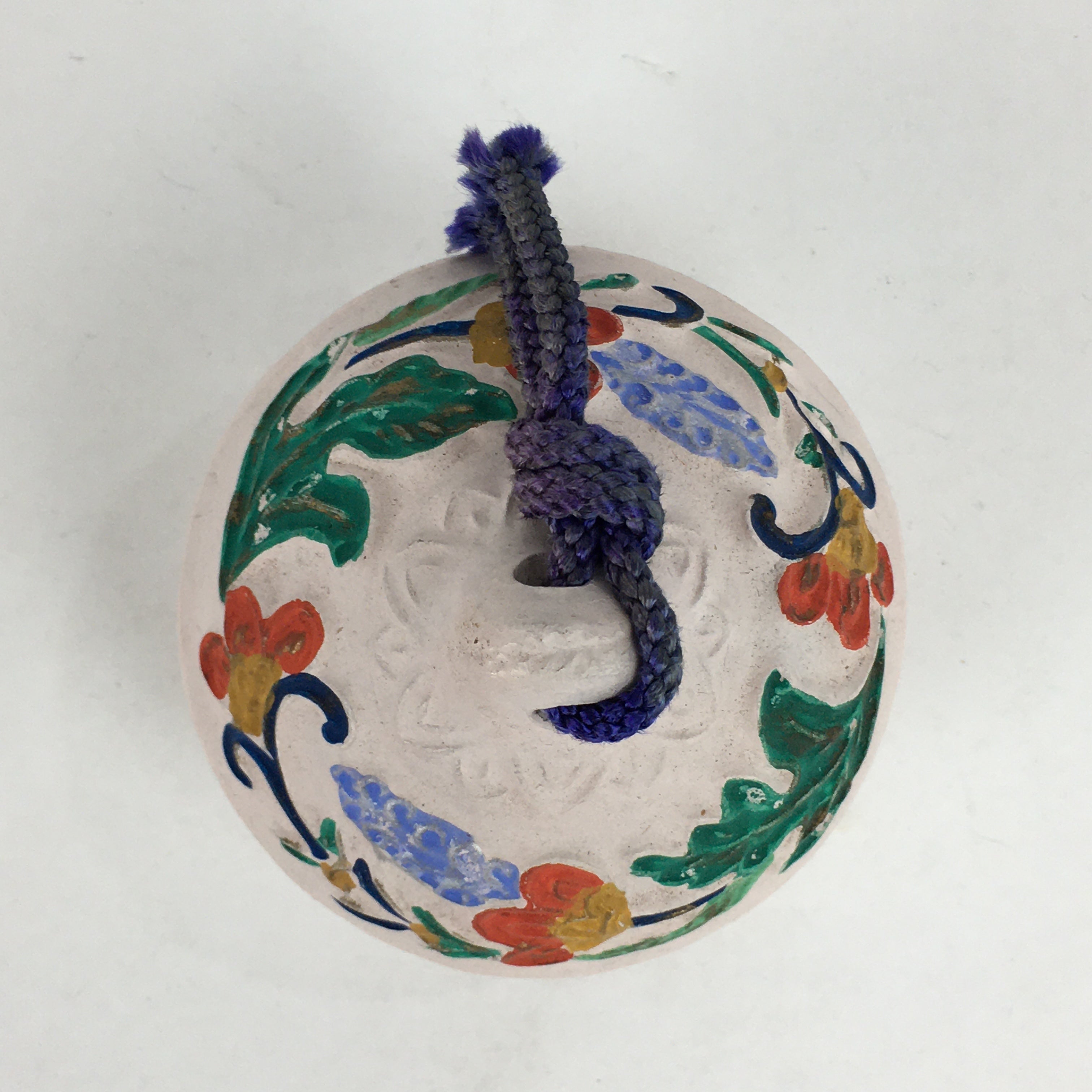Japanese Clay Bell Dorei Vtg Ceramic Doll Amulet Colorful Flower Design DR380