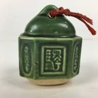 Japanese Clay Bell Dorei Vtg Ceramic Doll Amulet Green Glaze Kanji DR336