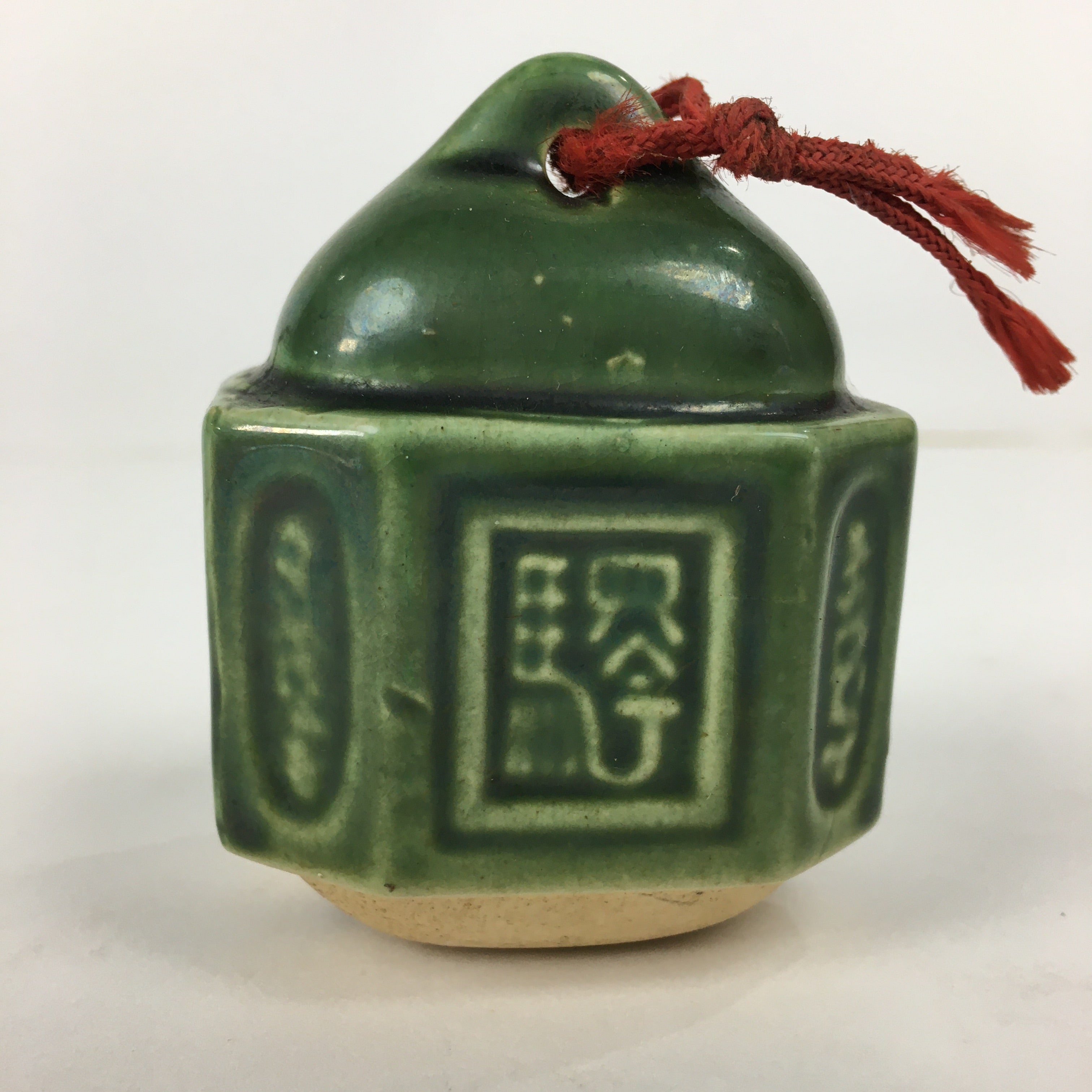 Japanese Clay Bell Dorei Vtg Ceramic Doll Amulet Green Glaze Kanji DR336