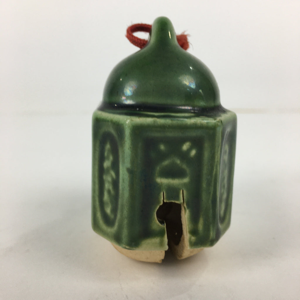 Japanese Clay Bell Dorei Vtg Ceramic Doll Amulet Green Glaze Kanji DR336
