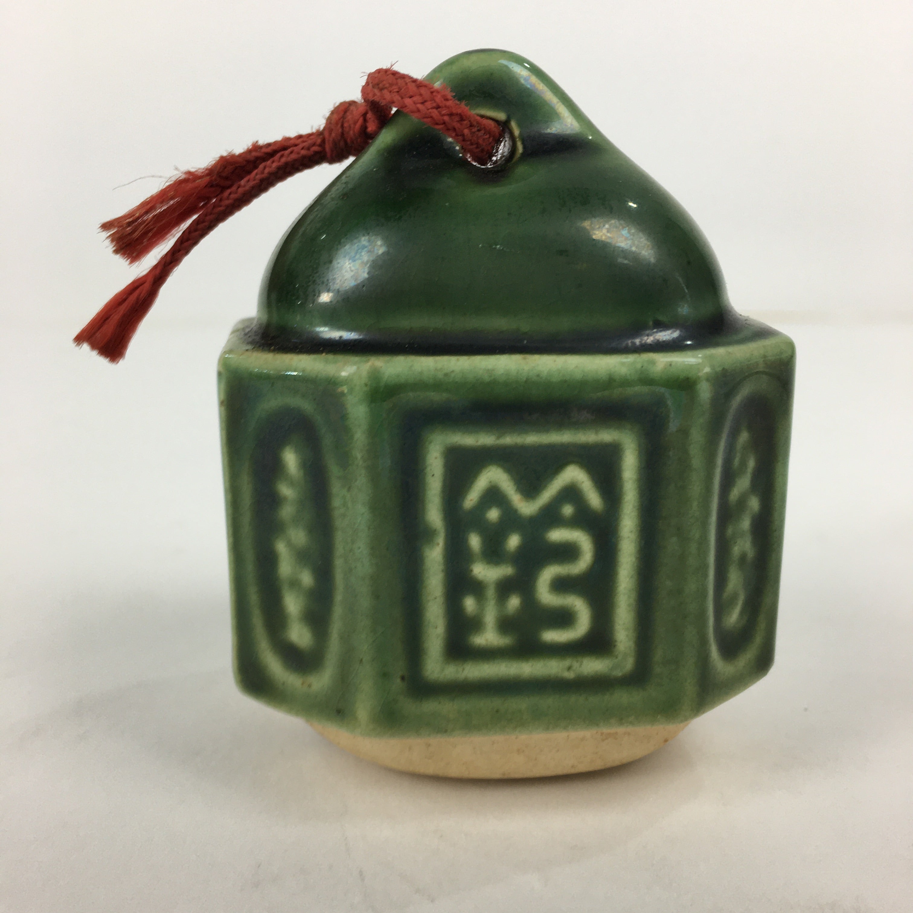 Japanese Clay Bell Dorei Vtg Ceramic Doll Amulet Green Glaze Kanji DR336