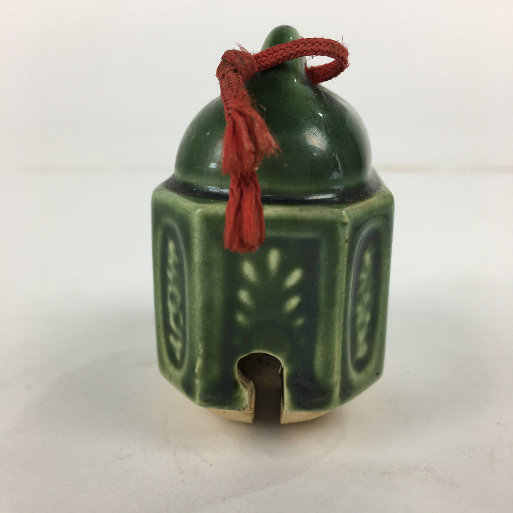 Japanese Clay Bell Dorei Vtg Ceramic Doll Amulet Green Glaze Kanji DR336