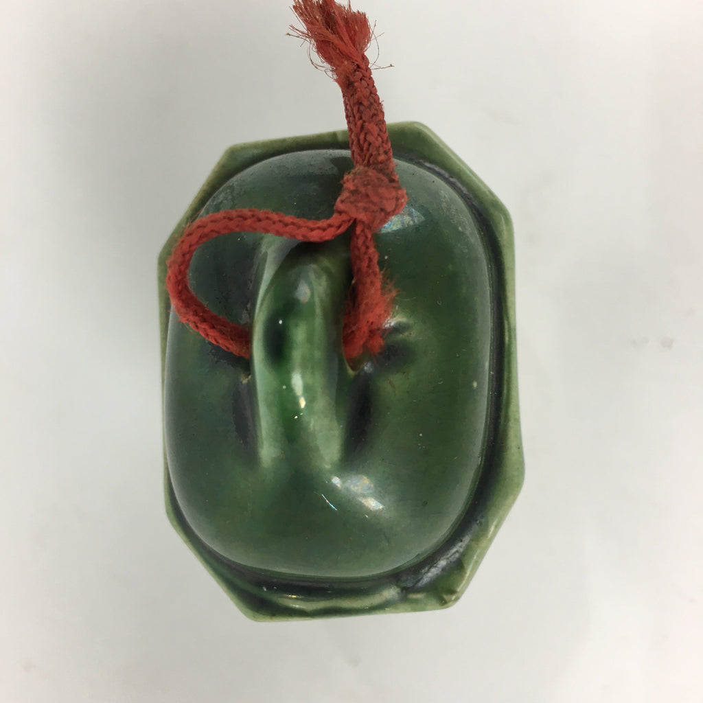 Japanese Clay Bell Dorei Vtg Ceramic Doll Amulet Green Glaze Kanji DR336