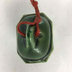 Japanese Clay Bell Dorei Vtg Ceramic Doll Amulet Green Glaze Kanji DR336
