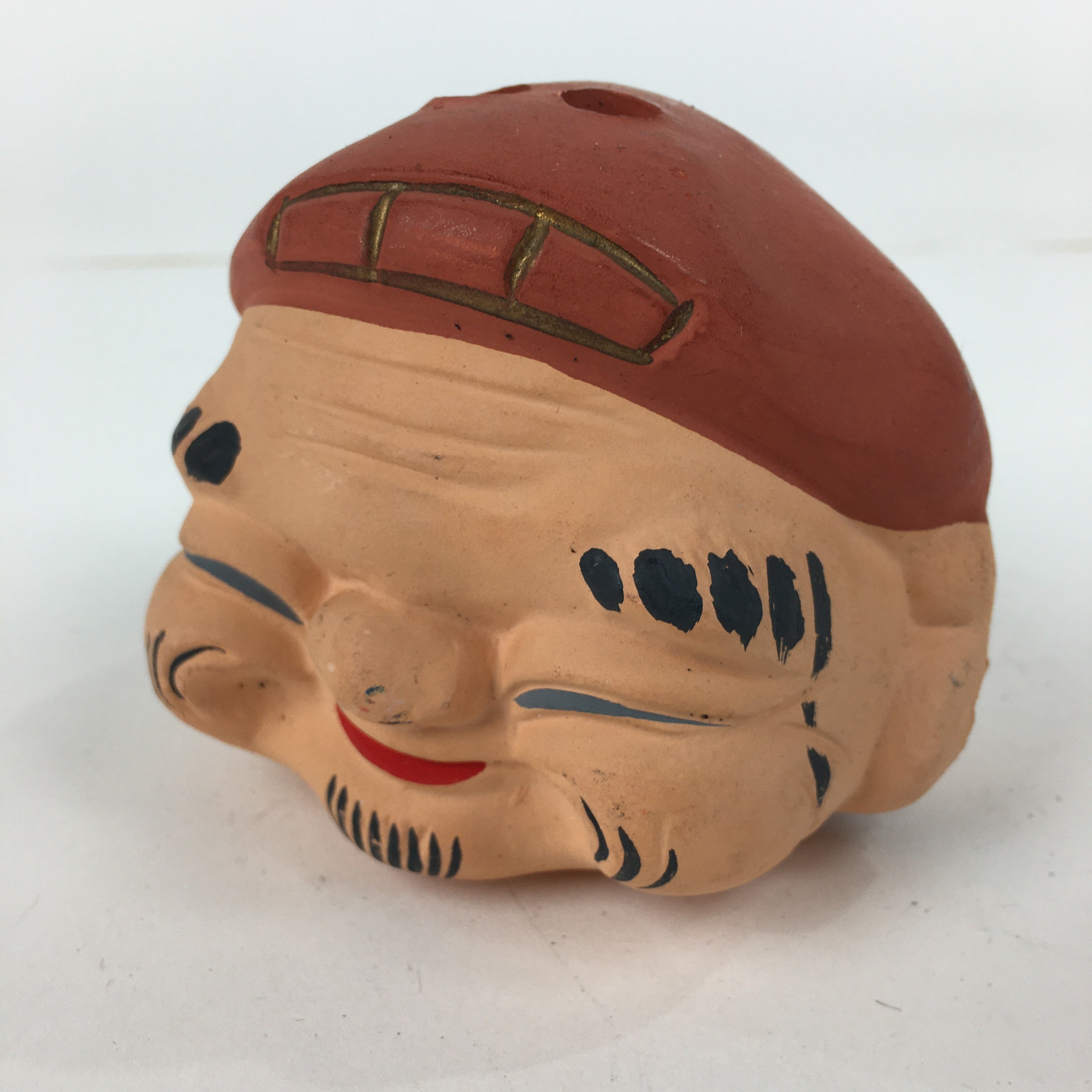 Japanese Clay Bell Dorei Vtg Ceramic Doll Amulet Okina Old Man Brown DR360