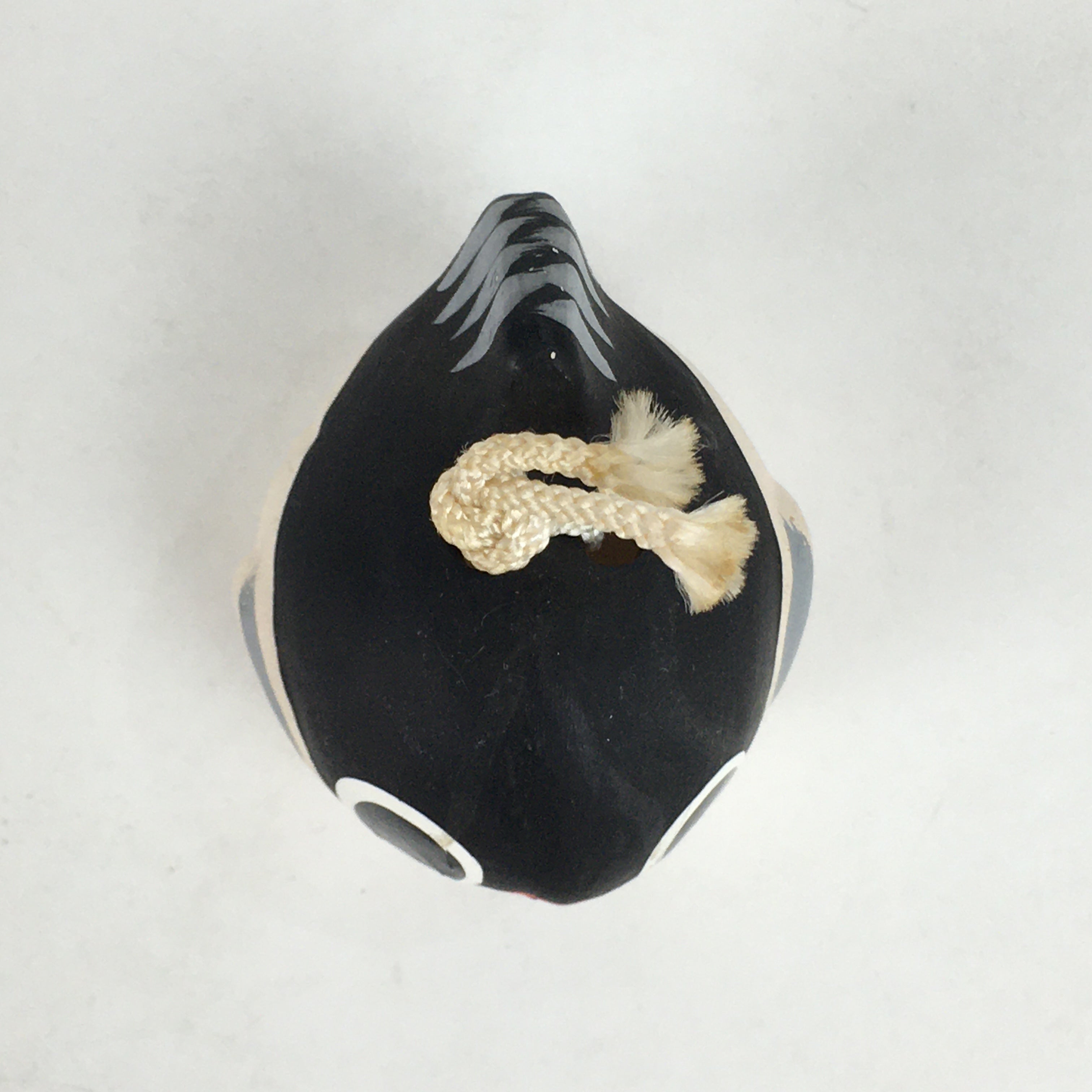 Japanese Clay Bell Dorei Vtg Ceramic Doll Amulet Puffer Fish Black DR386