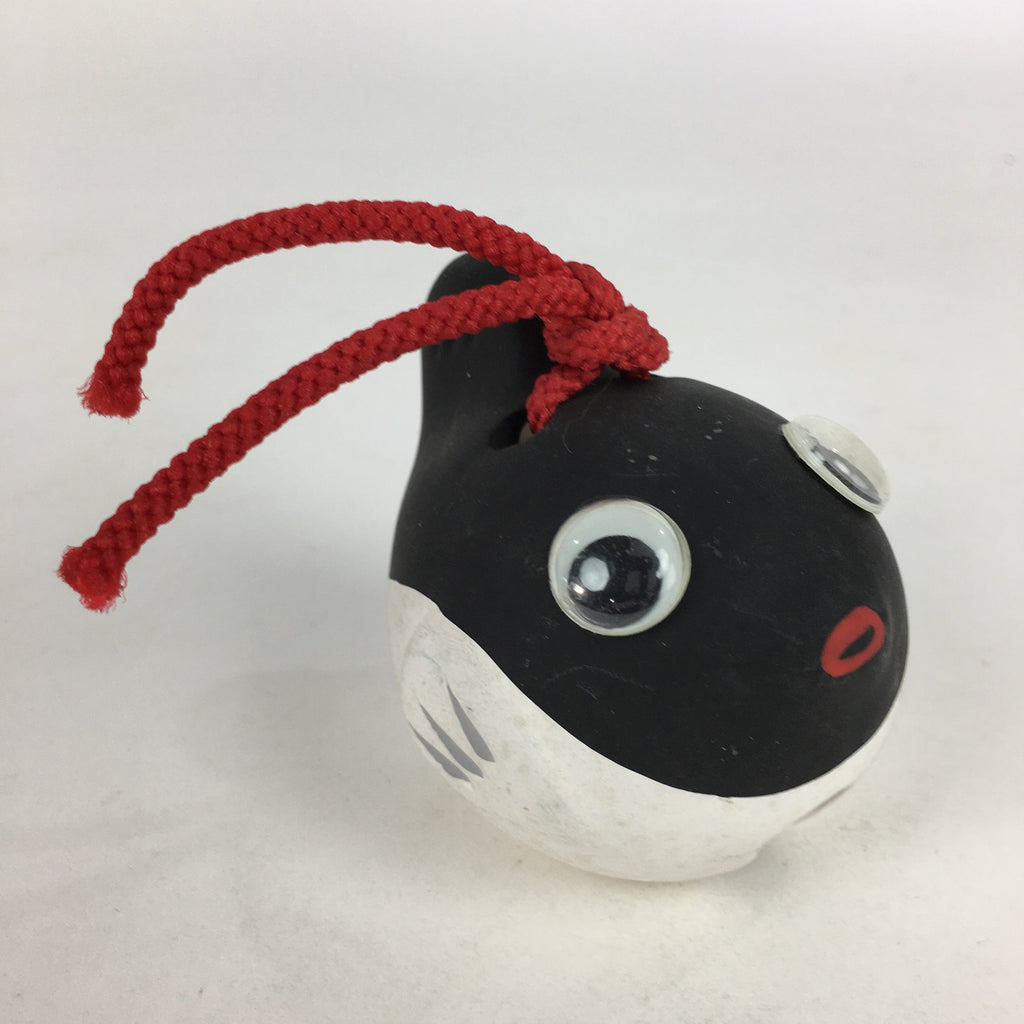 Japanese Clay Bell Dorei Vtg Ceramic Doll Amulet Puffer fish Black DR403