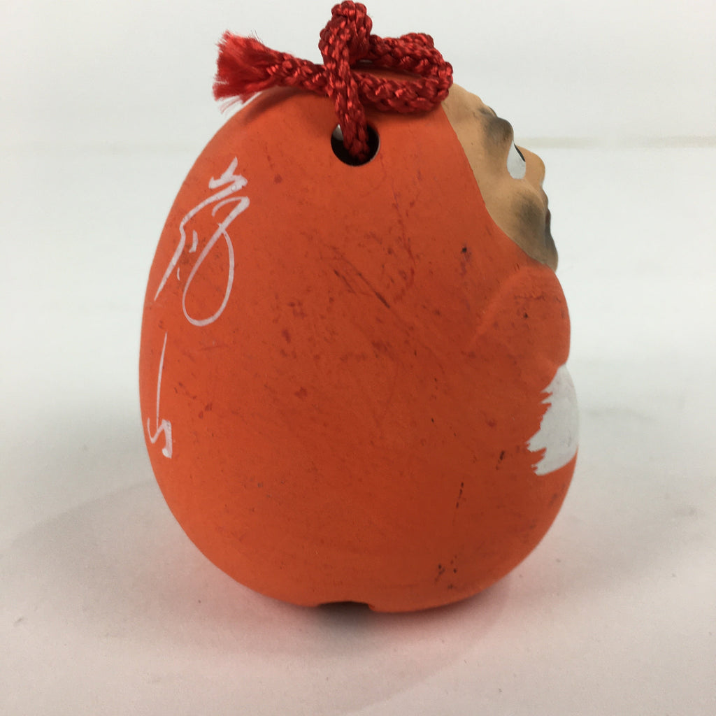 Japanese Clay Bell Dorei Vtg Ceramic Doll Amulet Red Daruma Kanji DR337