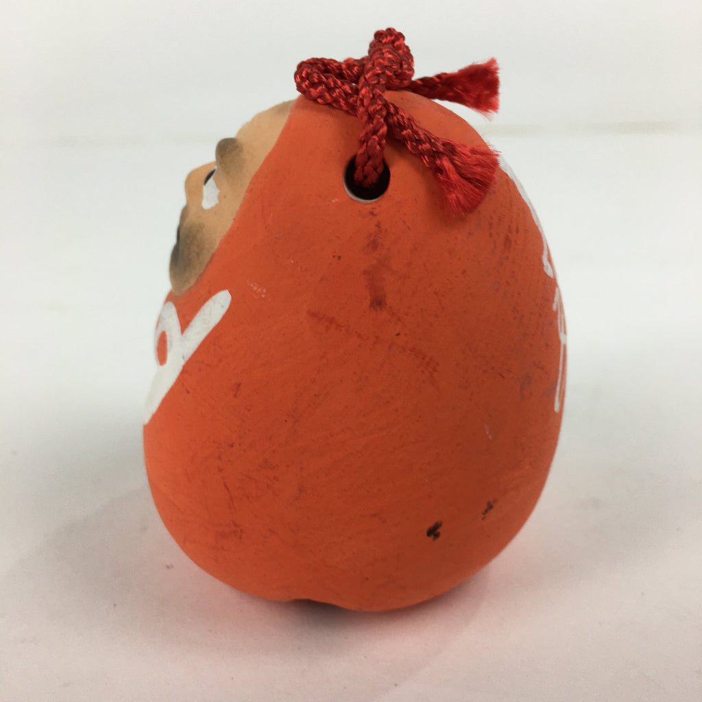 Japanese Clay Bell Dorei Vtg Ceramic Doll Amulet Red Daruma Kanji DR337