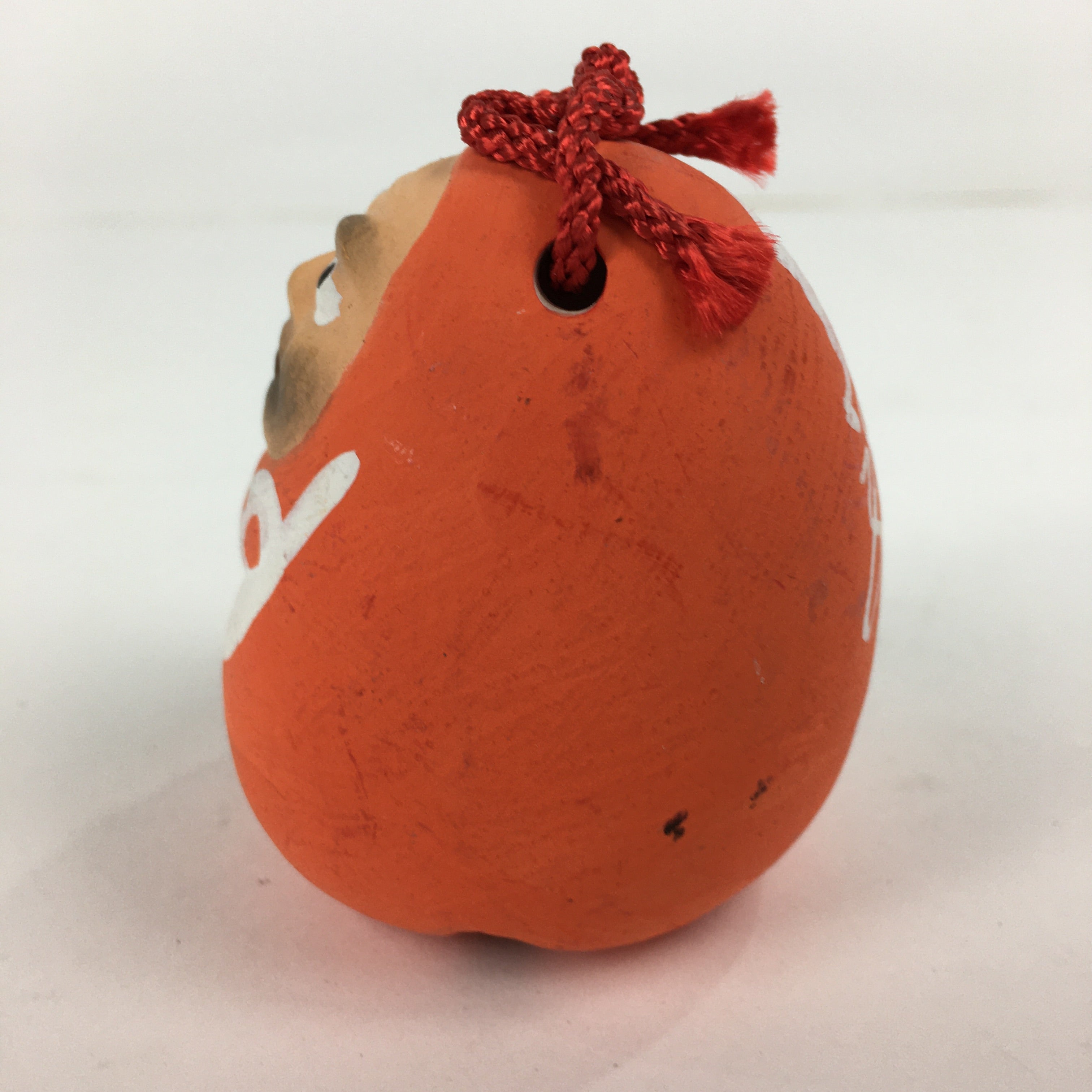 Japanese Clay Bell Dorei Vtg Ceramic Doll Amulet Red Daruma Kanji DR337
