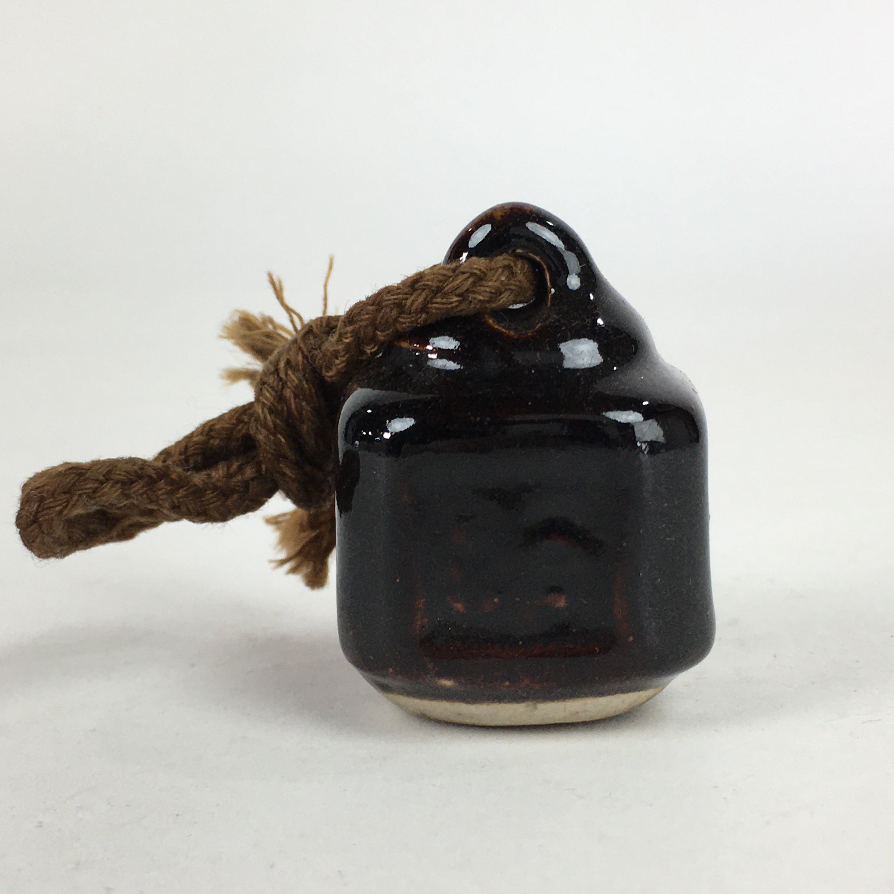 Japanese Clay Bell Dorei Vtg Ceramic Doll Amulet Square Brown DR388