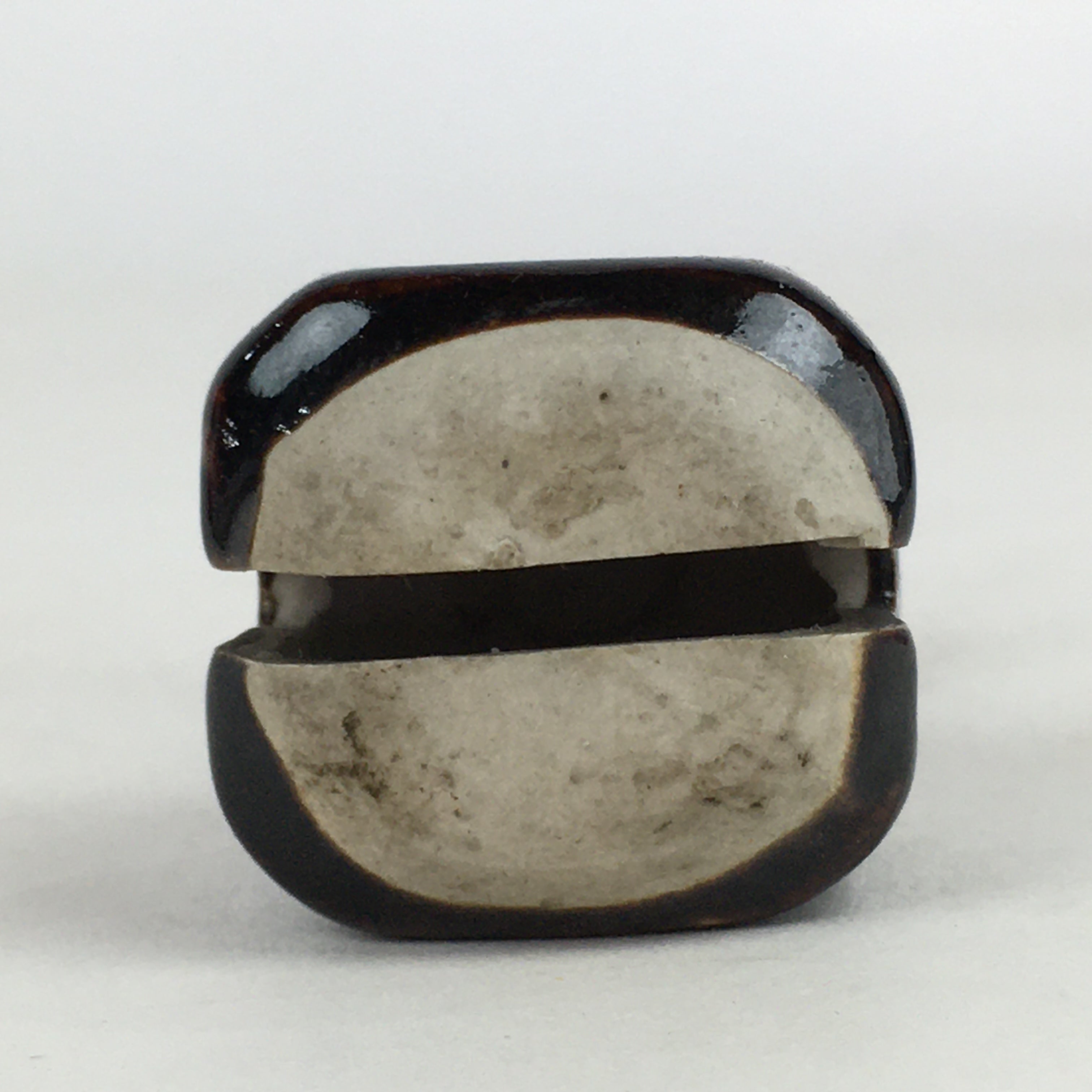 Japanese Clay Bell Dorei Vtg Ceramic Doll Amulet Square Brown DR388