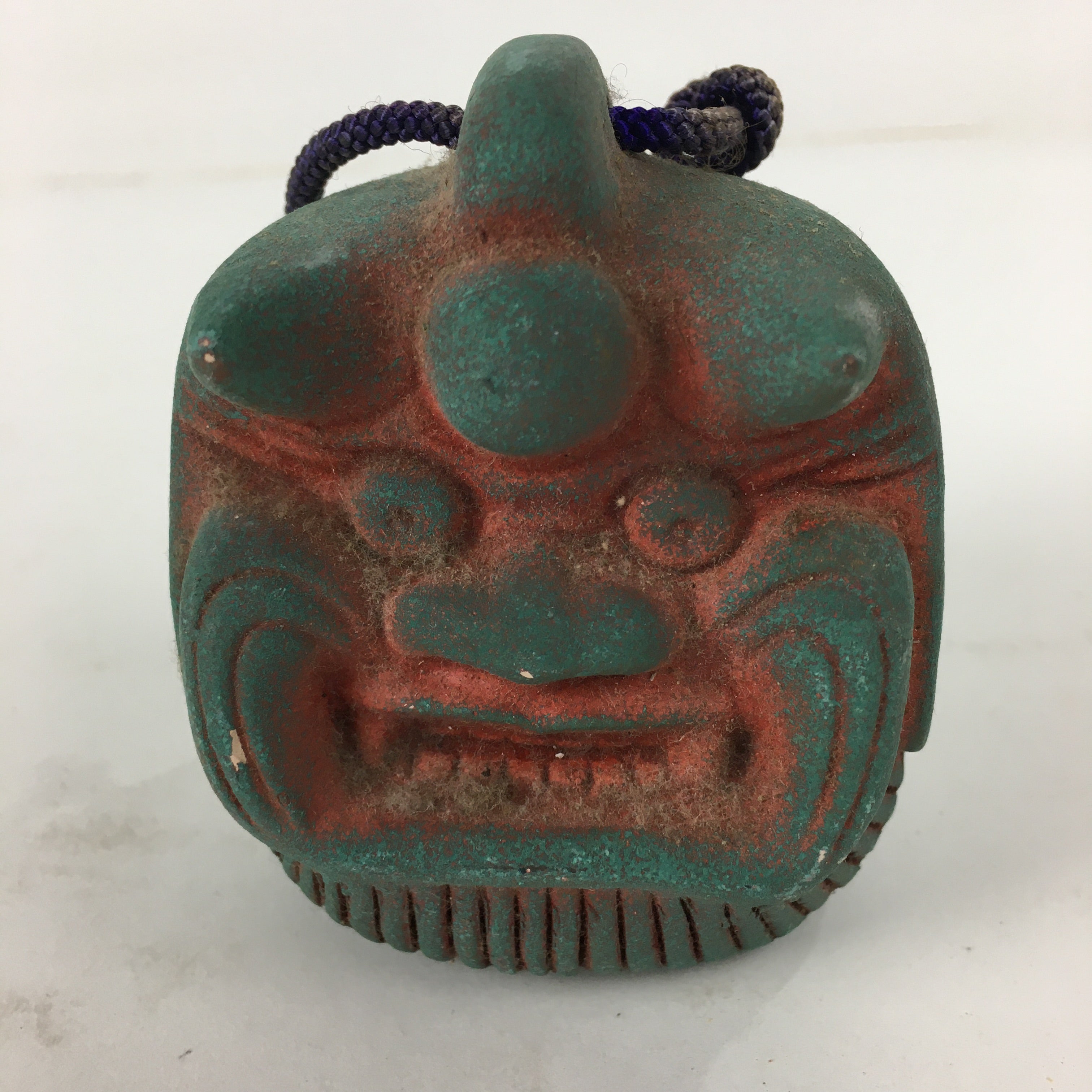Japanese Clay Bell Dorei Vtg Ceramic Doll Amulet Temple Demon Red Green DR333